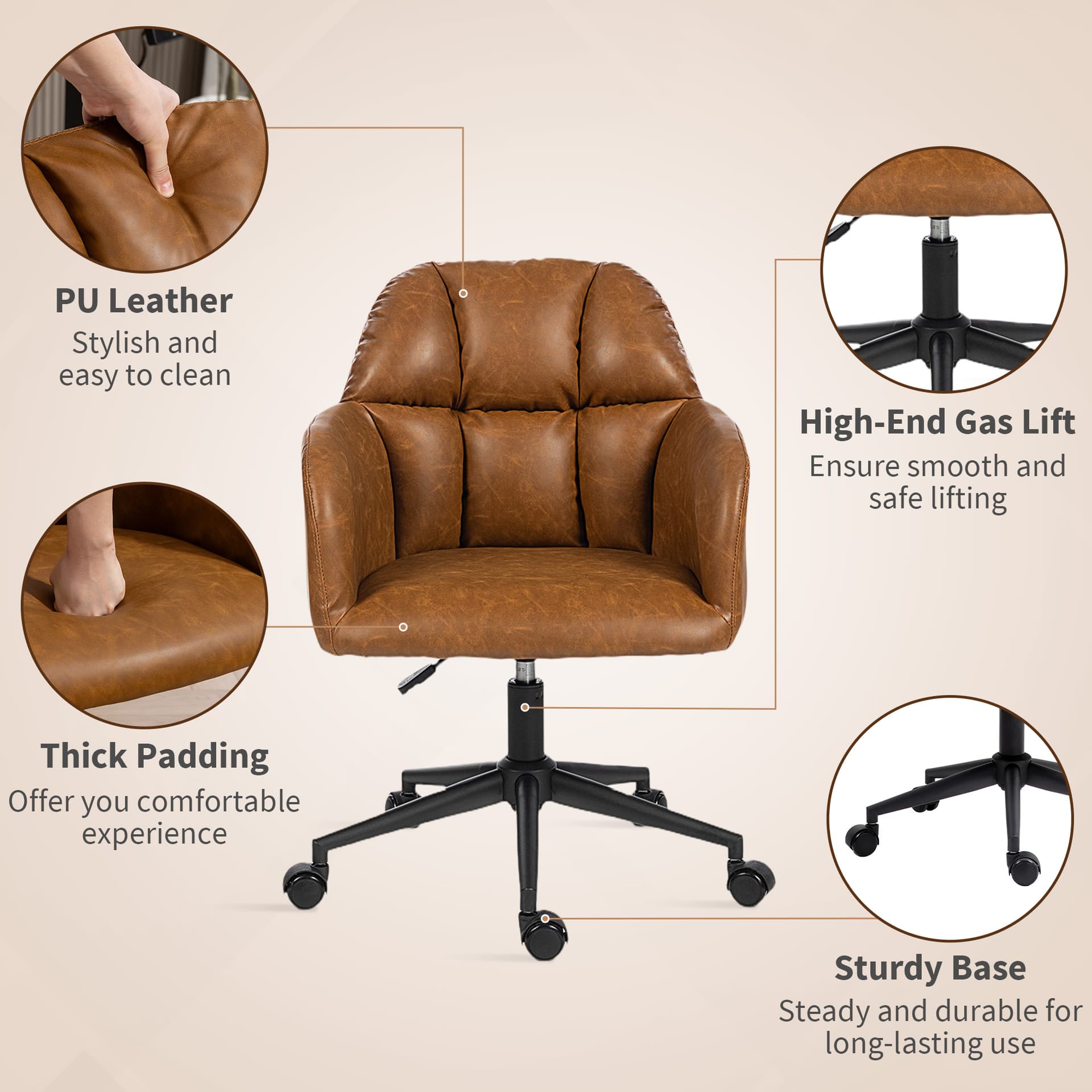 Swivel Office Chair, Faux Leather Desk Chair with Adjustable Height for Living Room, Bedroom, Study, Brown - Task Chairs - Office Furniture
