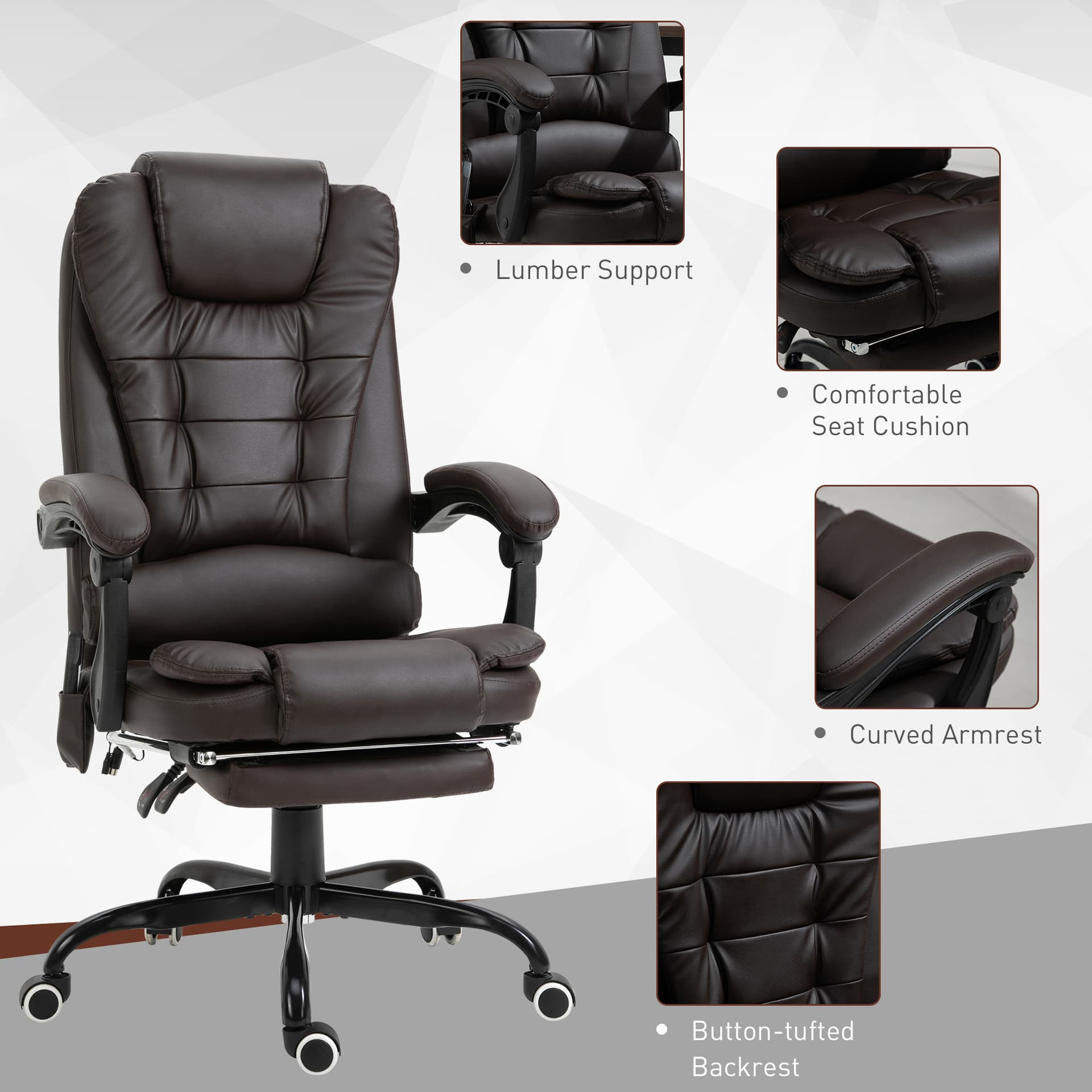 7-Point Vibrating Massage Chair, Reclining Office Chair with Footrest, Reclining Back, Adjustable Height, Brown - Massage Chairs - Office Furniture