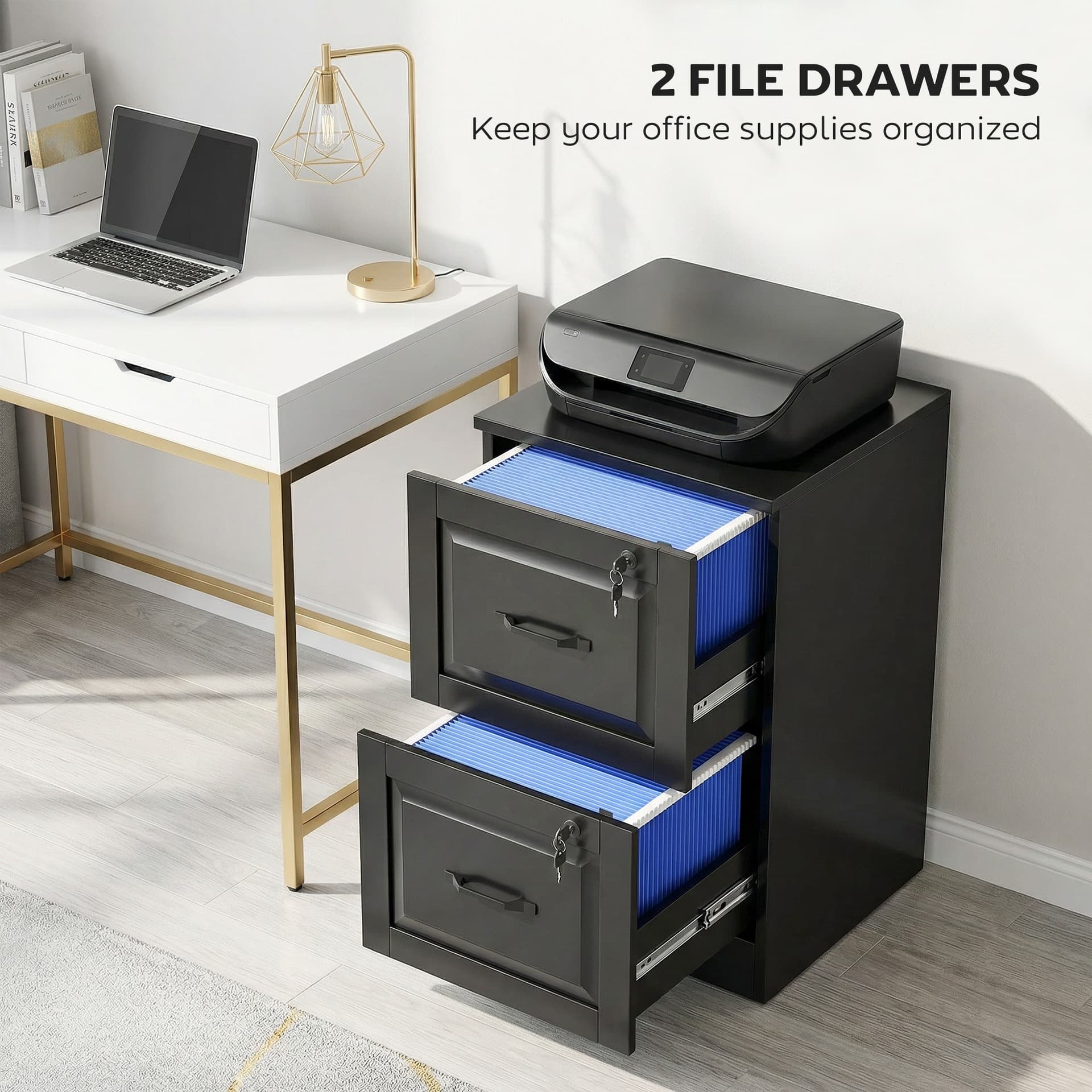 2 Drawer File Cabinet with Lock, Vertical Filing Cabinet with Adjustable Hanging Bars for A4 and Letter Size, Black - Office Cabinets & Cupboards - Office Furniture