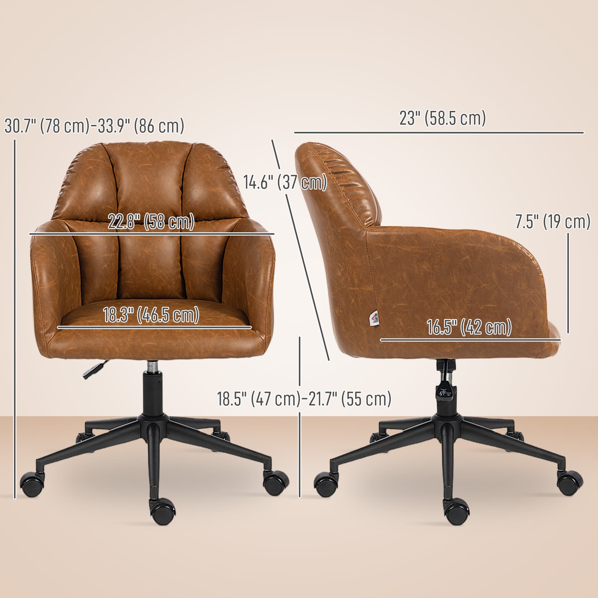Swivel Office Chair, Faux Leather Desk Chair with Adjustable Height for Living Room, Bedroom, Study, Brown - Task Chairs - Office Furniture