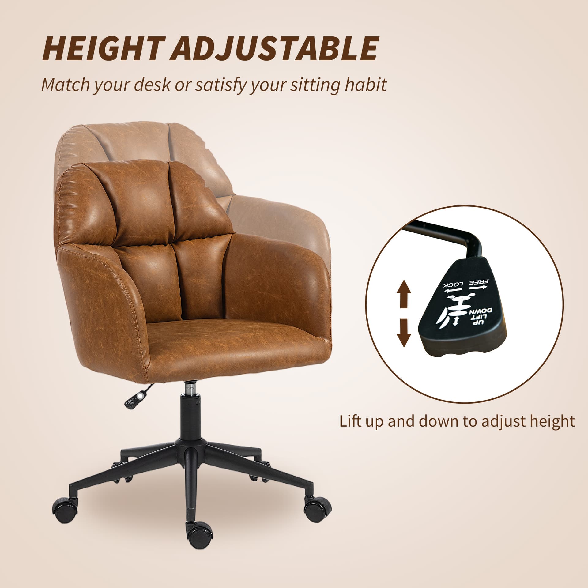 Swivel Office Chair, Faux Leather Desk Chair with Adjustable Height for Living Room, Bedroom, Study, Brown - Task Chairs - Office Furniture