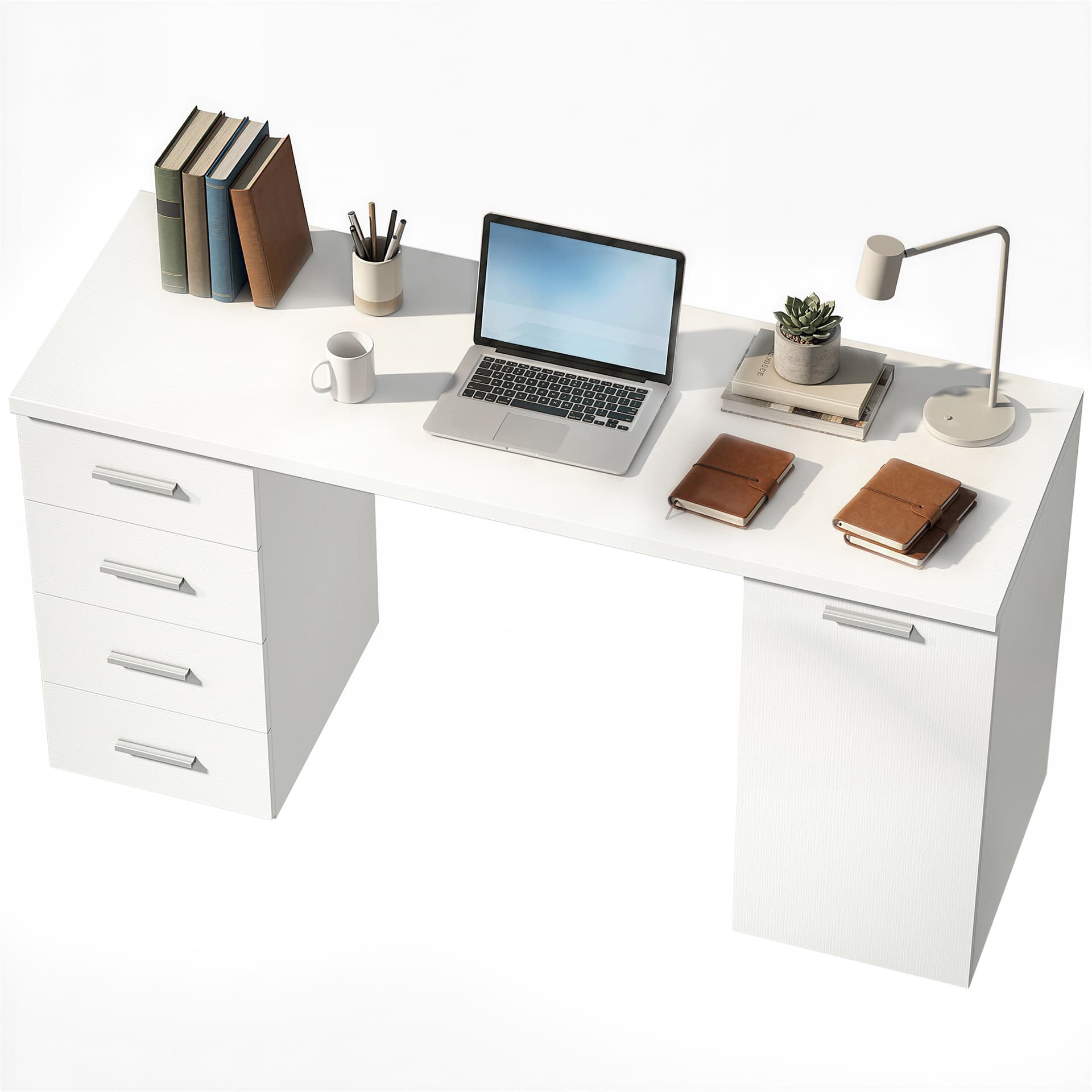 140 cm Computer Desk with Adjustable Shelf Home Office Desk with Drawers and Cabinet White Wood Grain - Computer Desks - Office Furniture