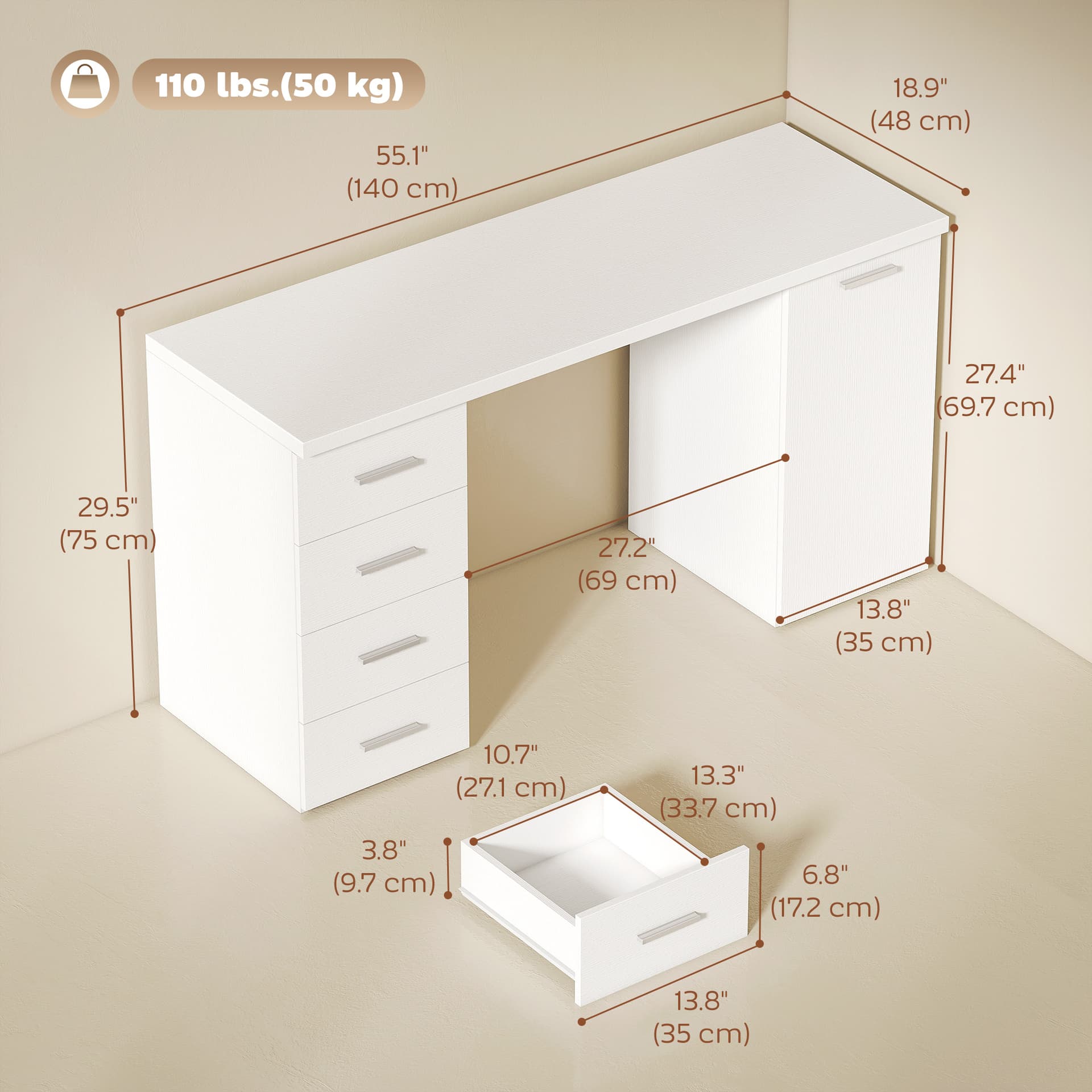 140 cm Computer Desk with Adjustable Shelf Home Office Desk with Drawers and Cabinet White Wood Grain - Computer Desks - Office Furniture