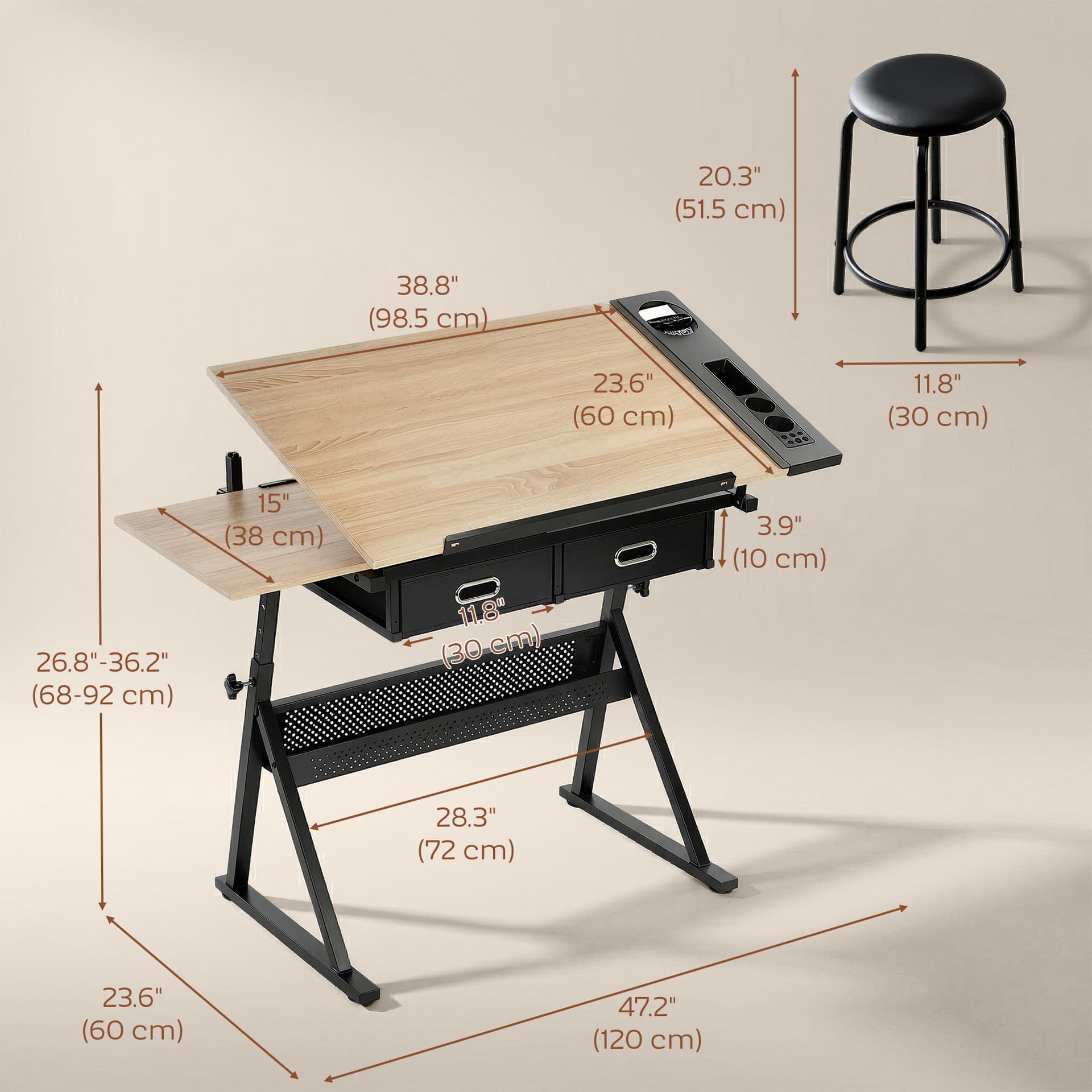Adjustable Drafting Table, Art Desk Drawing Table Workstation with Stool and Storage Drawers for Painting, Oak - Writing Desks - Office Furniture