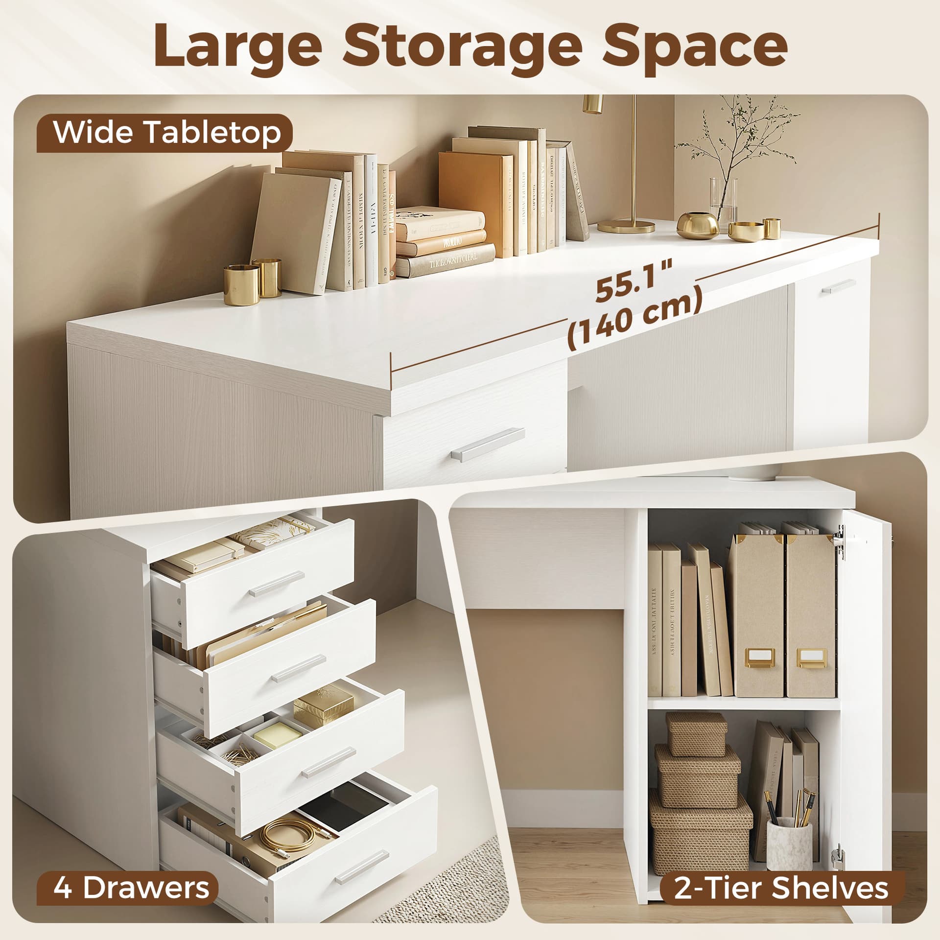140 cm Computer Desk with Adjustable Shelf Home Office Desk with Drawers and Cabinet White Wood Grain - Computer Desks - Office Furniture