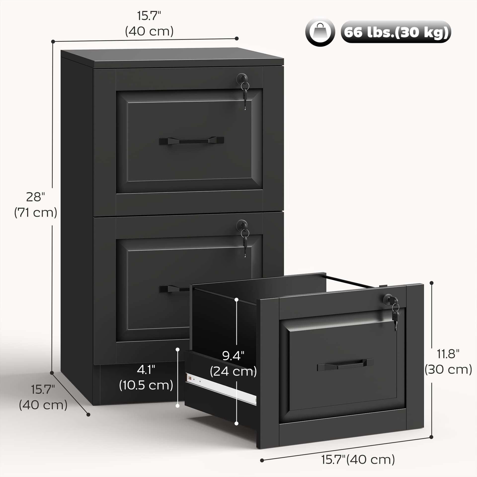 2 Drawer File Cabinet with Lock, Vertical Filing Cabinet with Adjustable Hanging Bars for A4 and Letter Size, Black - Office Cabinets & Cupboards - Office Furniture