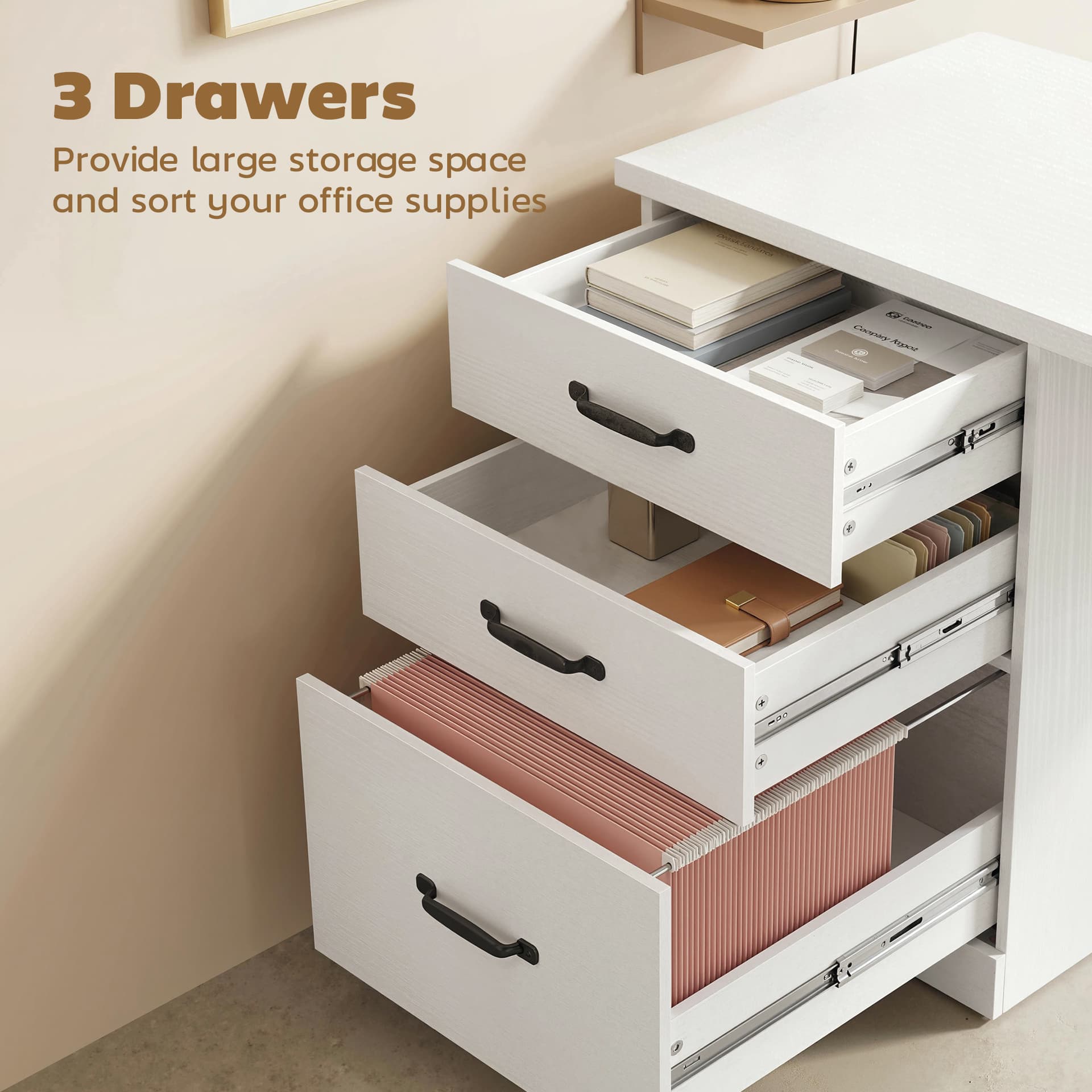 Computer Desk with 3 Drawers, 47" Home Office Desk with Adjustable Hanging Rails for Letter A4 Files, White - Writing Desks - Office Furniture