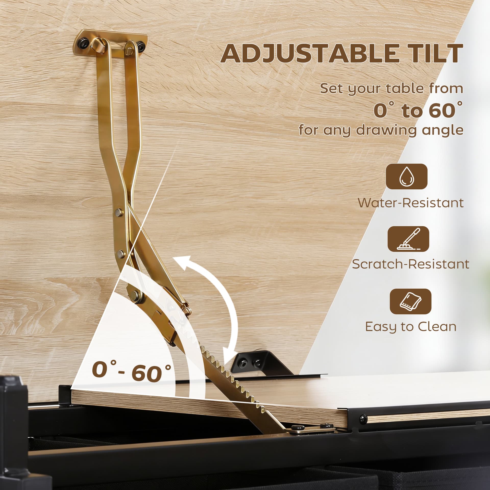 Adjustable Drafting Table, Art Desk Drawing Table Workstation with Stool and Storage Drawers for Painting, Oak - Writing Desks - Office Furniture