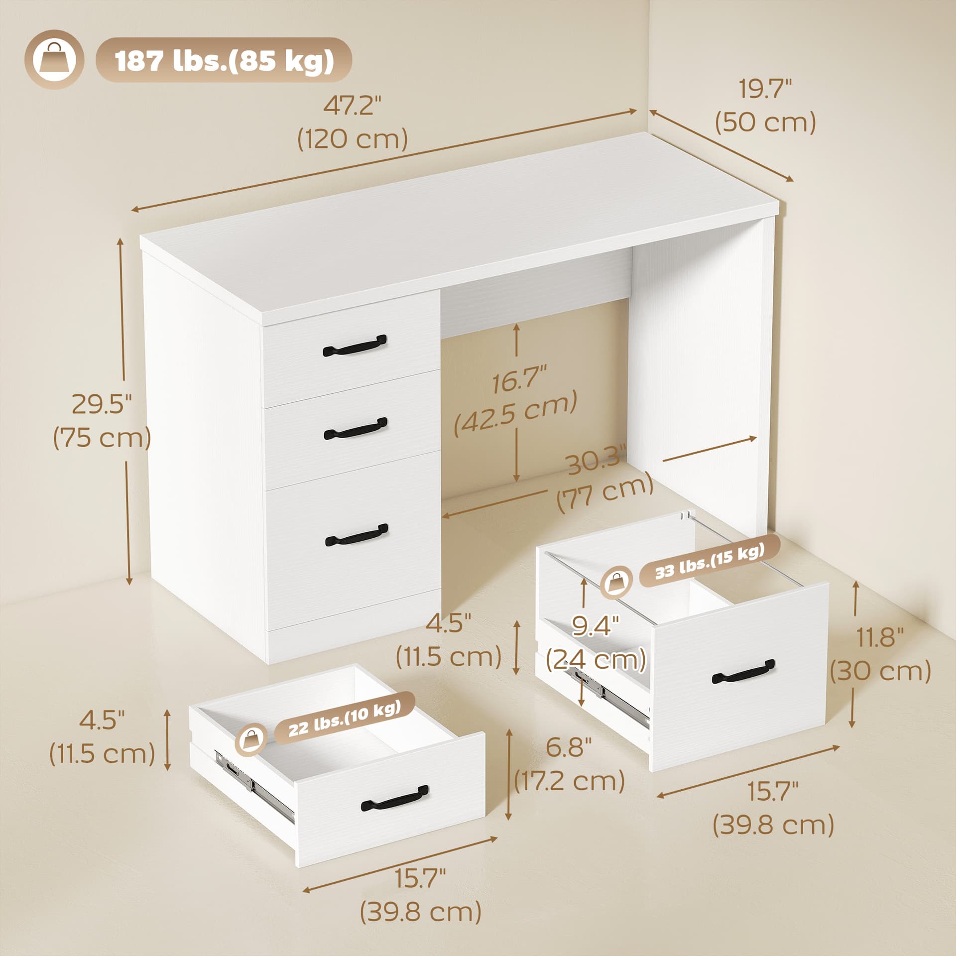 Computer Desk with 3 Drawers, 47" Home Office Desk with Adjustable Hanging Rails for Letter A4 Files, White - Writing Desks - Office Furniture