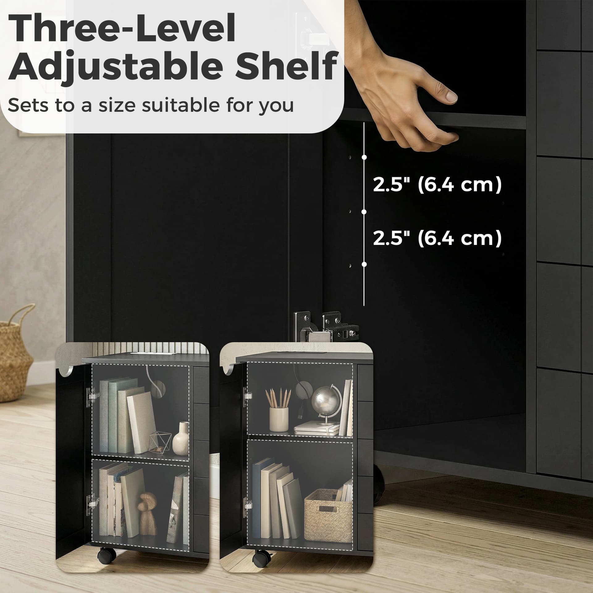 Mobile Lateral Filing Cabinet with 5 Drawers, Printer Stand with Power Outlets and USB Ports for Home Office, Black - Office Cabinets & Cupboards - Office Furniture