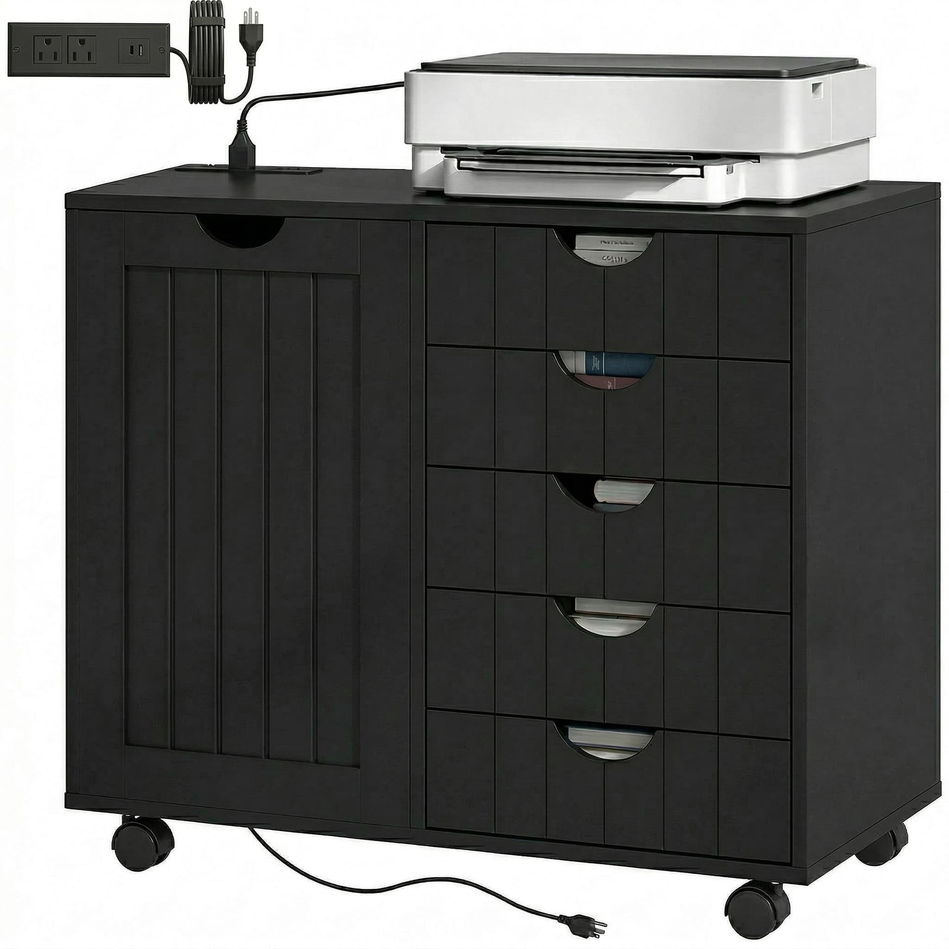 Mobile Lateral Filing Cabinet with 5 Drawers, Printer Stand with Power Outlets and USB Ports for Home Office, Black - Office Cabinets & Cupboards - Office Furniture