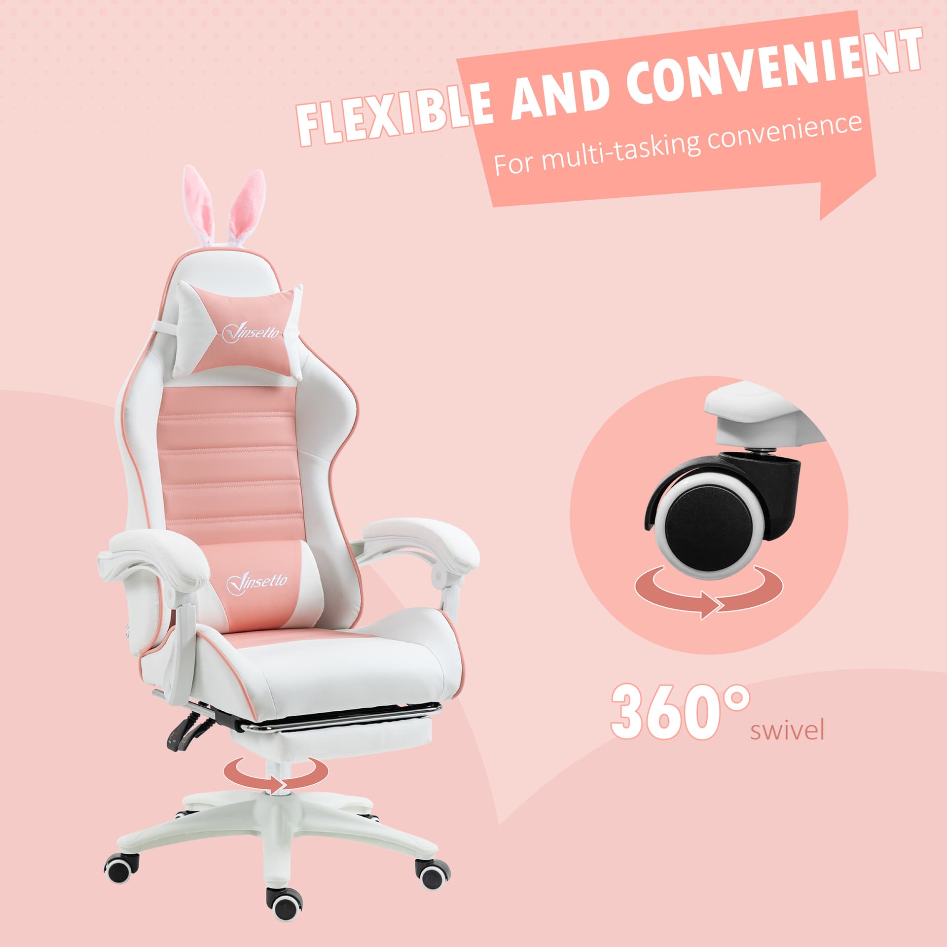 Cute Racing Gamer Chair, PU Leather Gaming Chair with Footrest, Headrest and Lumbar Support, Pink - Video Game Chairs - Office Furniture