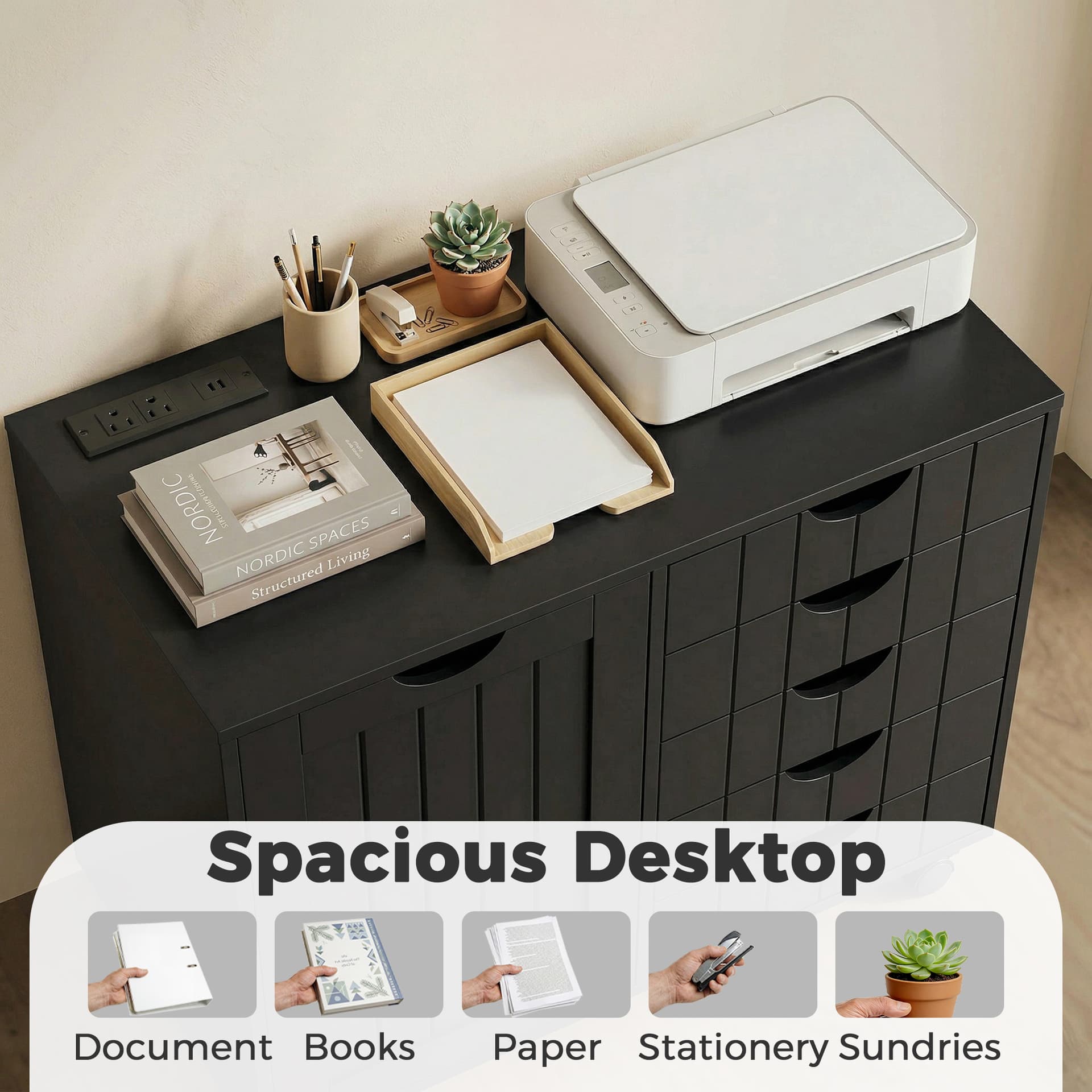 Mobile Lateral Filing Cabinet with 5 Drawers, Printer Stand with Power Outlets and USB Ports for Home Office, Black - Office Cabinets & Cupboards - Office Furniture