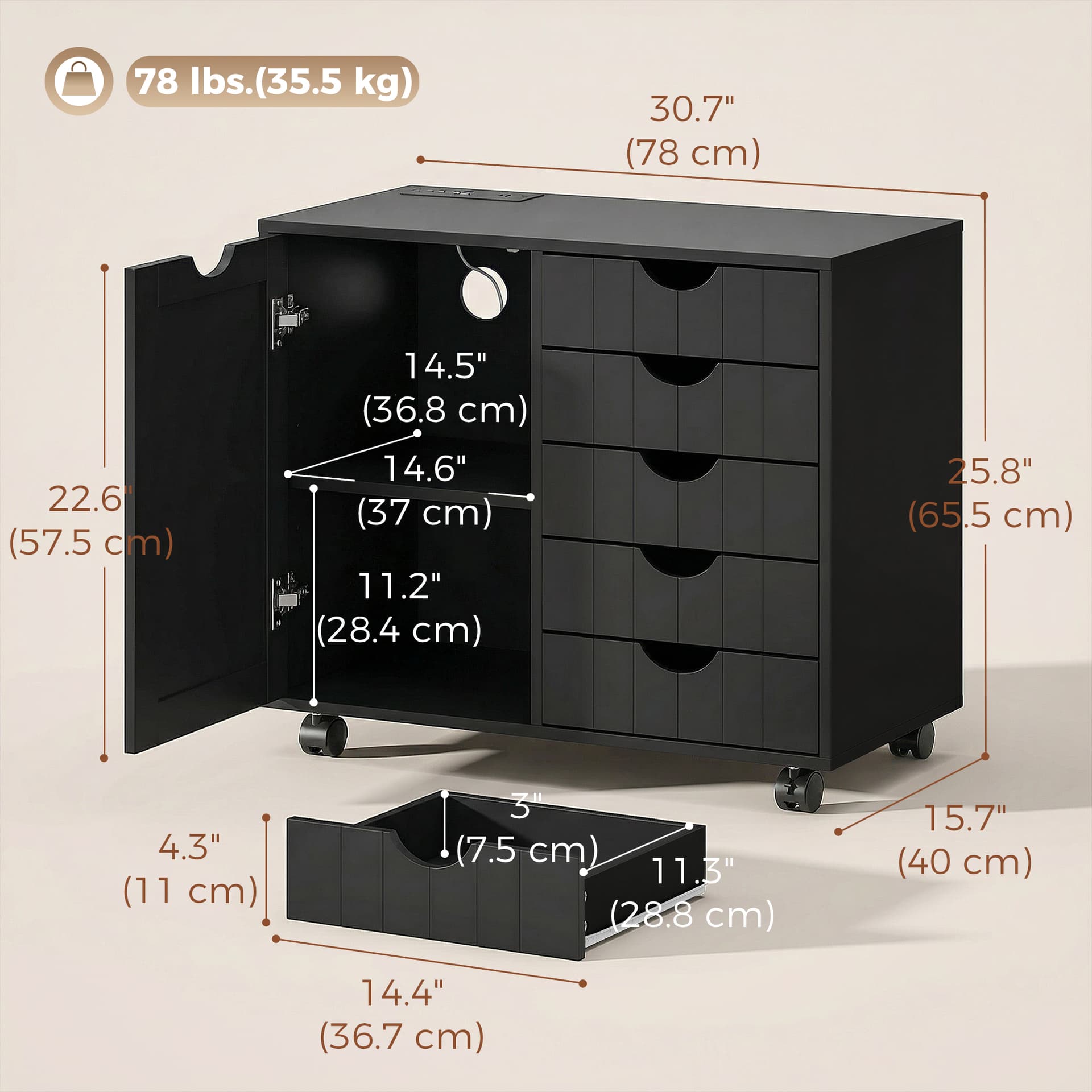 Mobile Lateral Filing Cabinet with 5 Drawers, Printer Stand with Power Outlets and USB Ports for Home Office, Black - Office Cabinets & Cupboards - Office Furniture