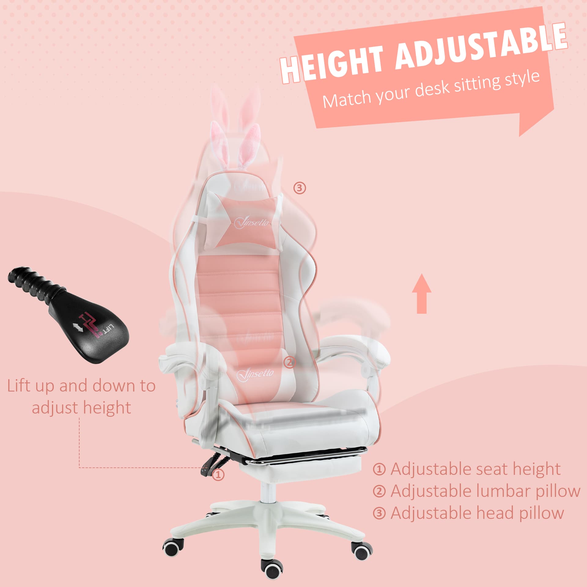 Cute Racing Gamer Chair, PU Leather Gaming Chair with Footrest, Headrest and Lumbar Support, Pink - Video Game Chairs - Office Furniture