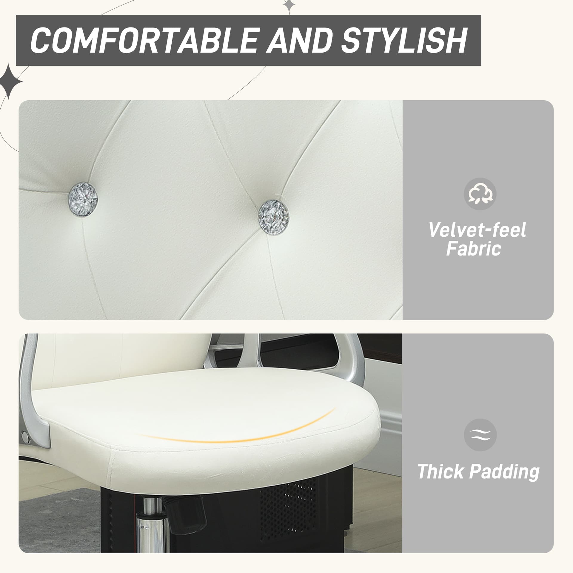 Vanity Office Chair, Velvet Computer Desk Chair with Swivel Wheels, Adjustable Height, Tilt Function, Off-White - Task Chairs - Office Furniture