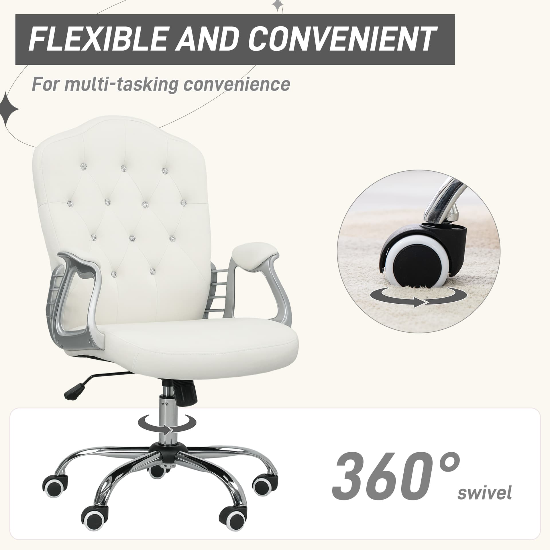 Vanity Office Chair, Velvet Computer Desk Chair with Swivel Wheels, Adjustable Height, Tilt Function, Off-White - Task Chairs - Office Furniture