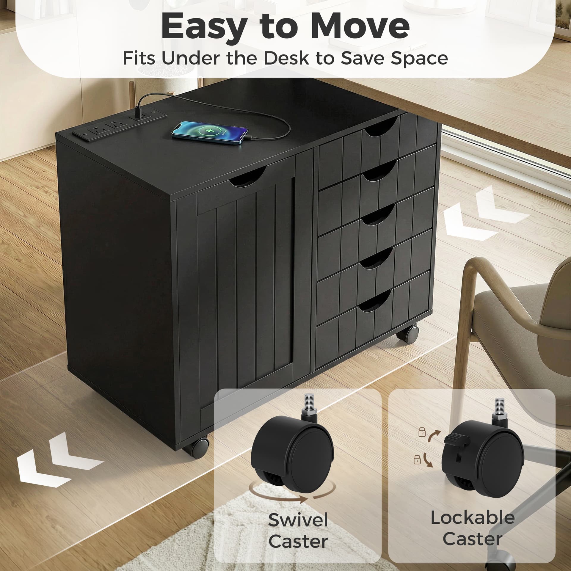 Mobile Lateral Filing Cabinet with 5 Drawers, Printer Stand with Power Outlets and USB Ports for Home Office, Black - Office Cabinets & Cupboards - Office Furniture
