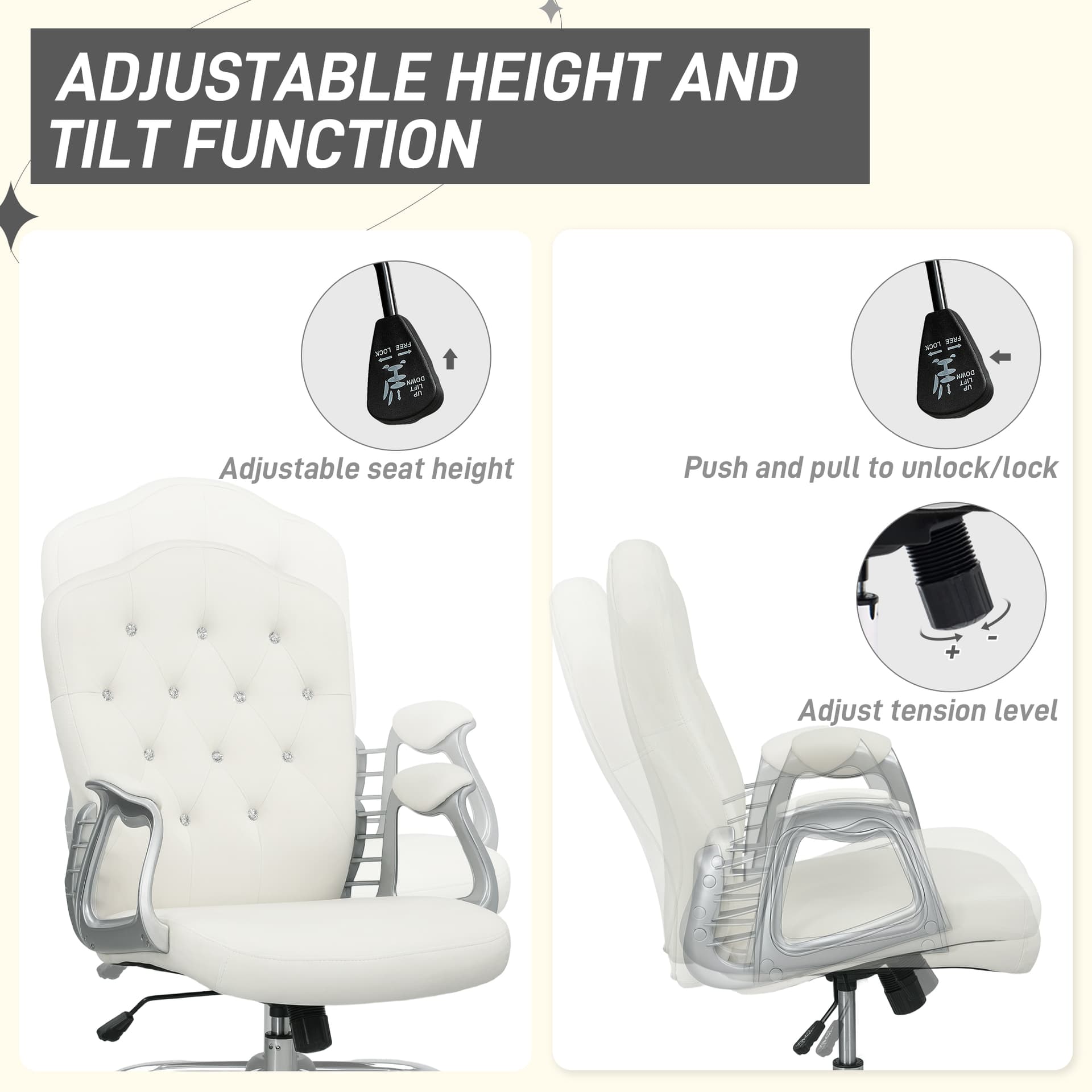 Vanity Office Chair, Velvet Computer Desk Chair with Swivel Wheels, Adjustable Height, Tilt Function, Off-White - Task Chairs - Office Furniture