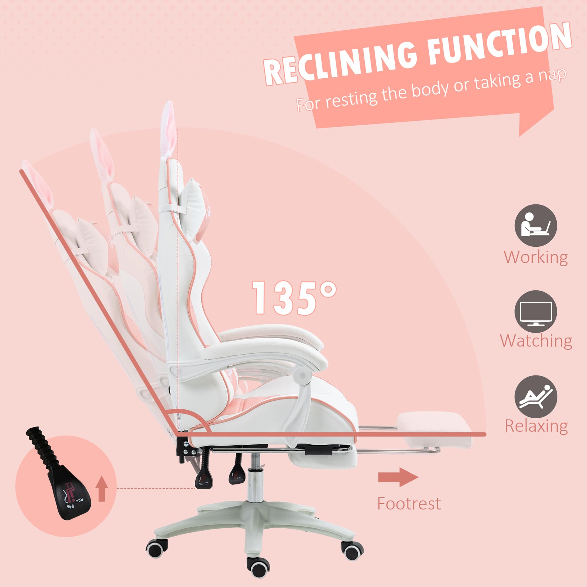 Cute Racing Gamer Chair, PU Leather Gaming Chair with Footrest, Headrest and Lumbar Support, Pink - Video Game Chairs - Office Furniture