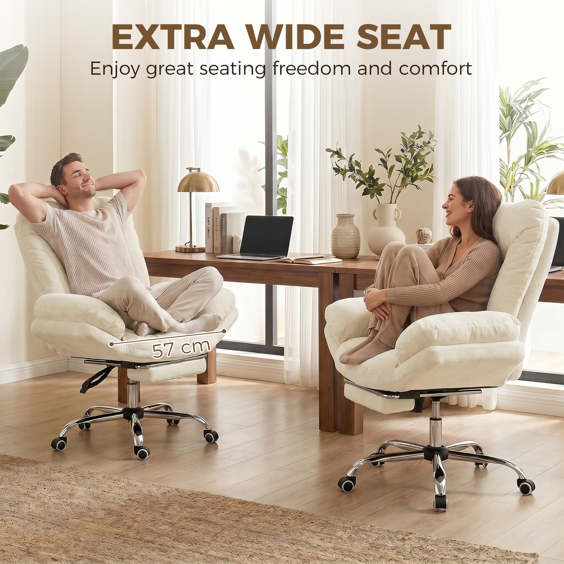 Criss Cross Chair with Wheels, Waterfall Armrests, Overstuffed Wide Office Chair with Footrest, Beige - Task Chairs - Office Furniture