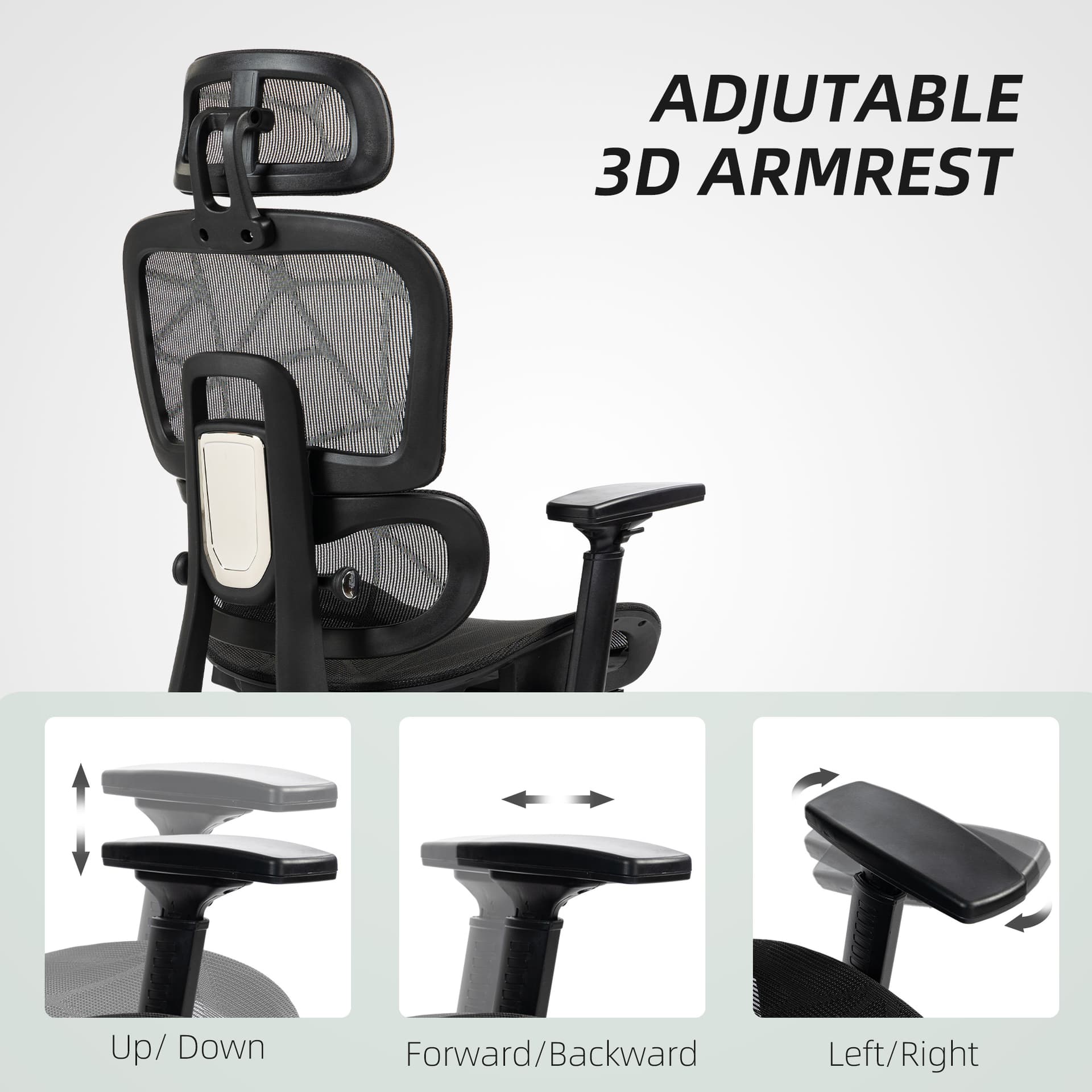 Mesh Office Chair with 3D Armrest, High Back Desk Chair with Lumbar Support, 135° Reclining, Adjustable Headrest, Black - Task Chairs - Office Furniture