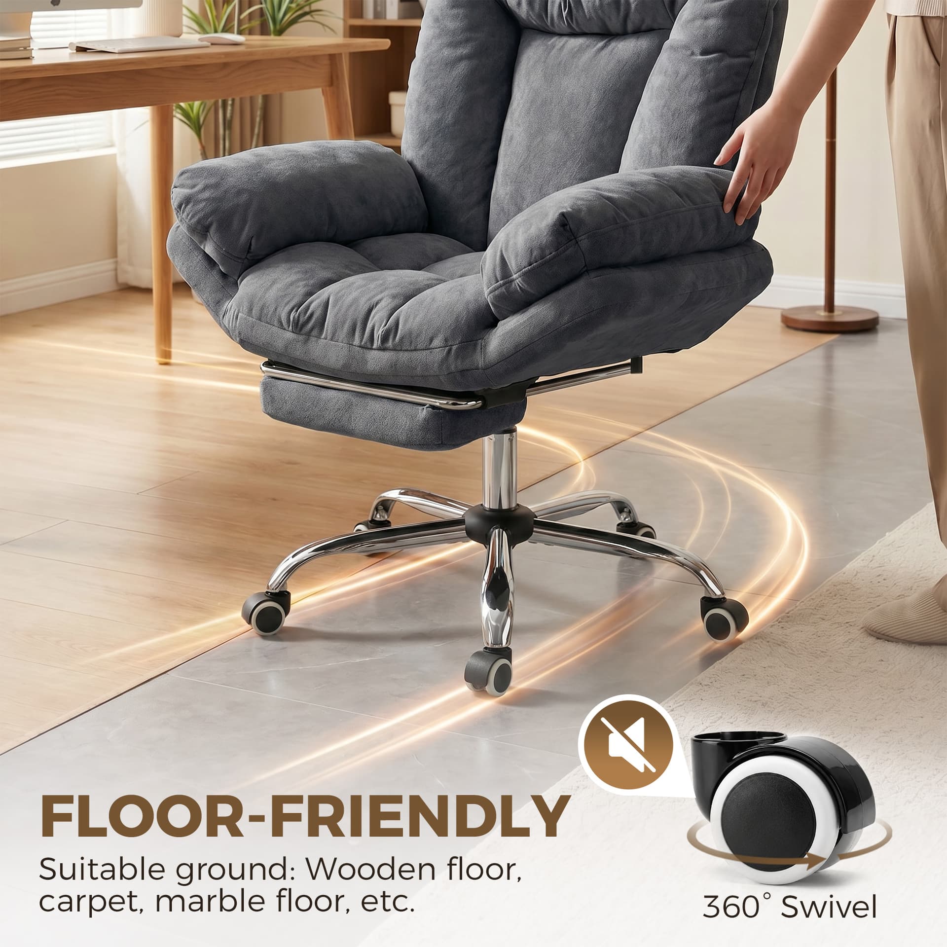 Criss Cross Chair with Wheels, Waterfall Armrests, Overstuffed Wide Office Chair with Footrest, Dark Grey - Task Chairs - Office Furniture