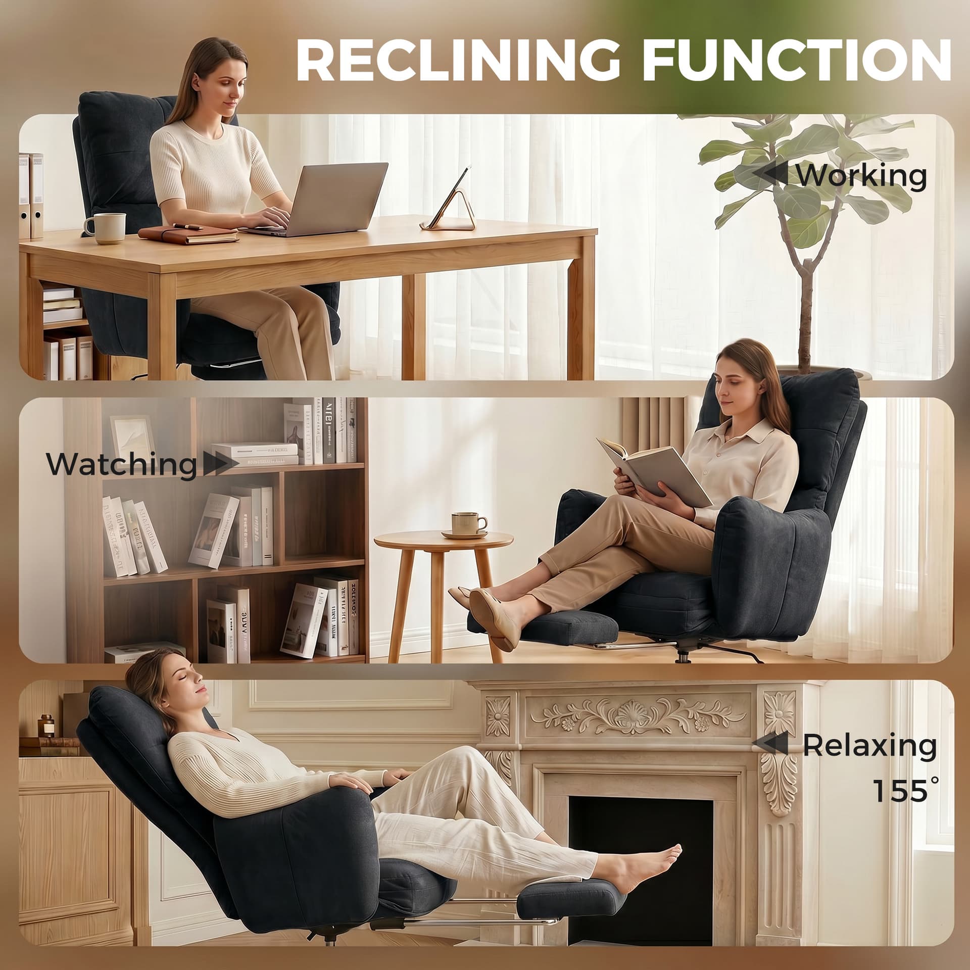 Office Chair with Foot Rest, Ergonomic Reclining Computer Gaming Chair w/ Snow Flannel Fabric, Thick Cushion, Black - Task Chairs - Office Furniture