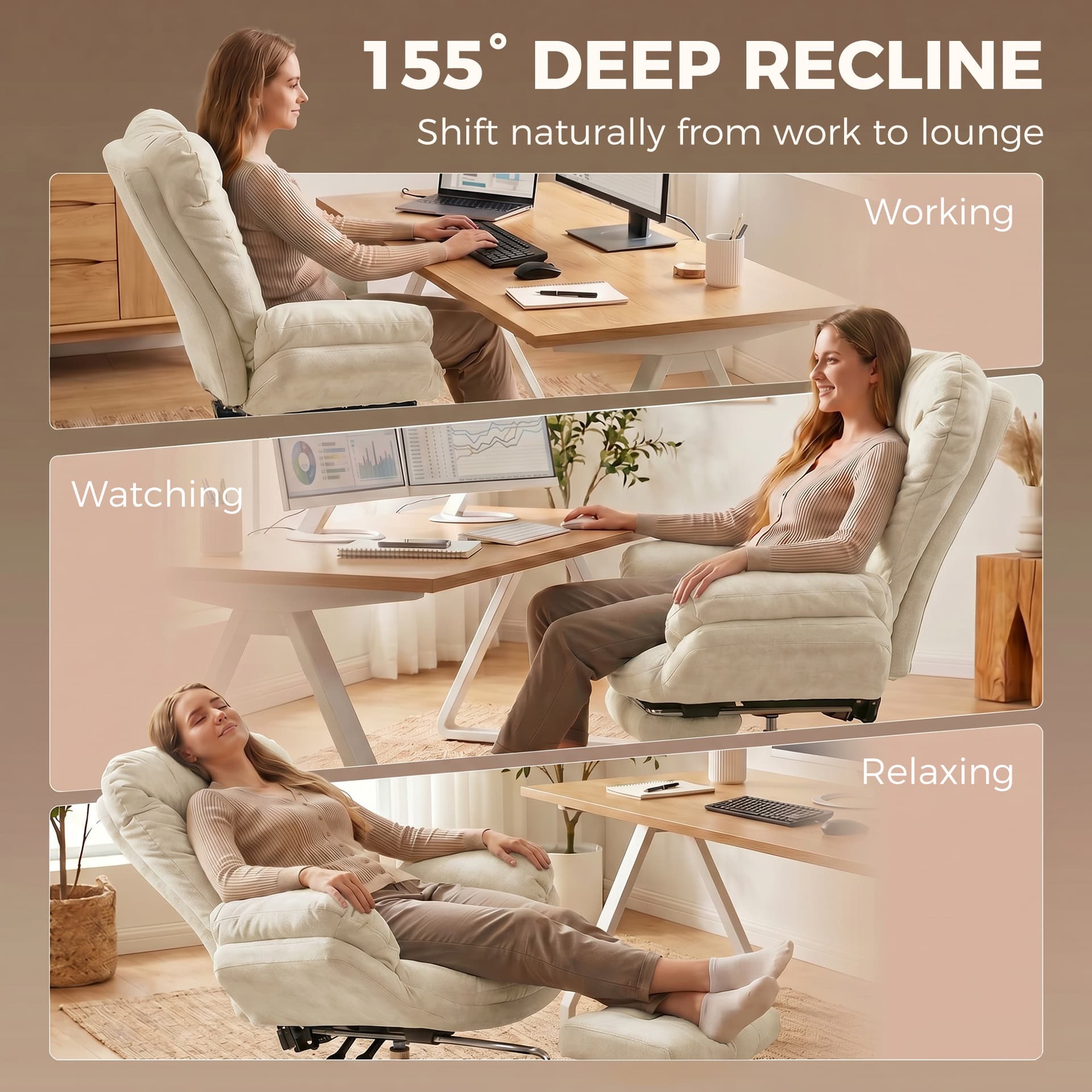 Criss Cross Chair with Wheels, Waterfall Armrests, Overstuffed Wide Office Chair with Footrest, Beige - Task Chairs - Office Furniture