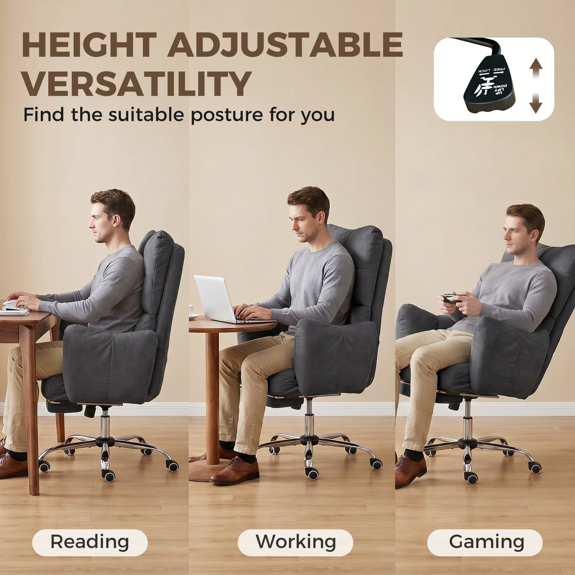 Office Chair with Foot Rest, Ergonomic Reclining Computer Gaming Chair w/ Snow Flannel Fabric, Thick Cushion, Dark Grey - Task Chairs - Office Furniture