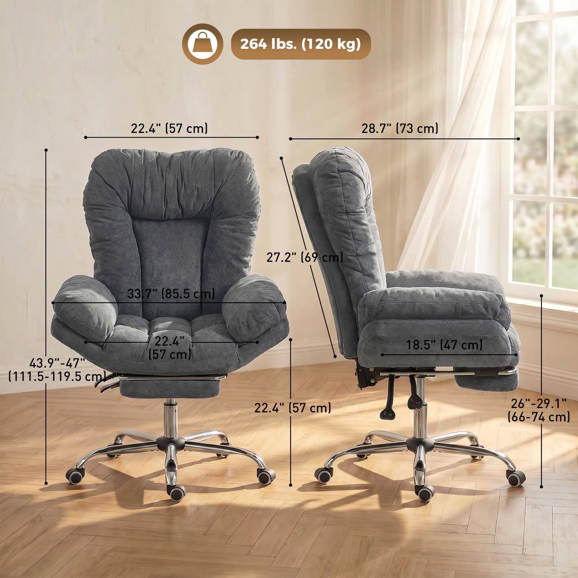 Criss Cross Chair with Wheels, Waterfall Armrests, Overstuffed Wide Office Chair with Footrest, Dark Grey - Task Chairs - Office Furniture