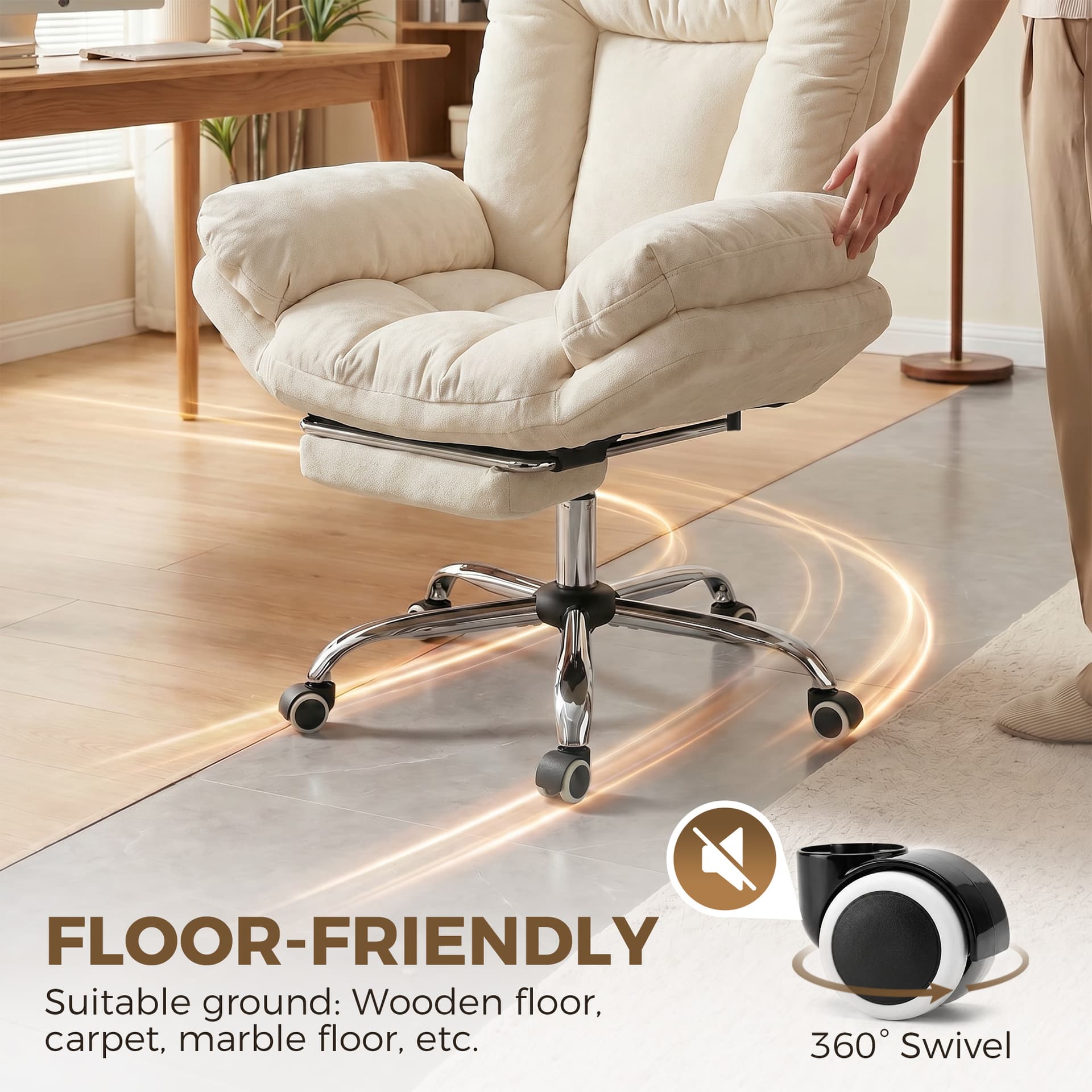 Criss Cross Chair with Wheels, Waterfall Armrests, Overstuffed Wide Office Chair with Footrest, Beige - Task Chairs - Office Furniture