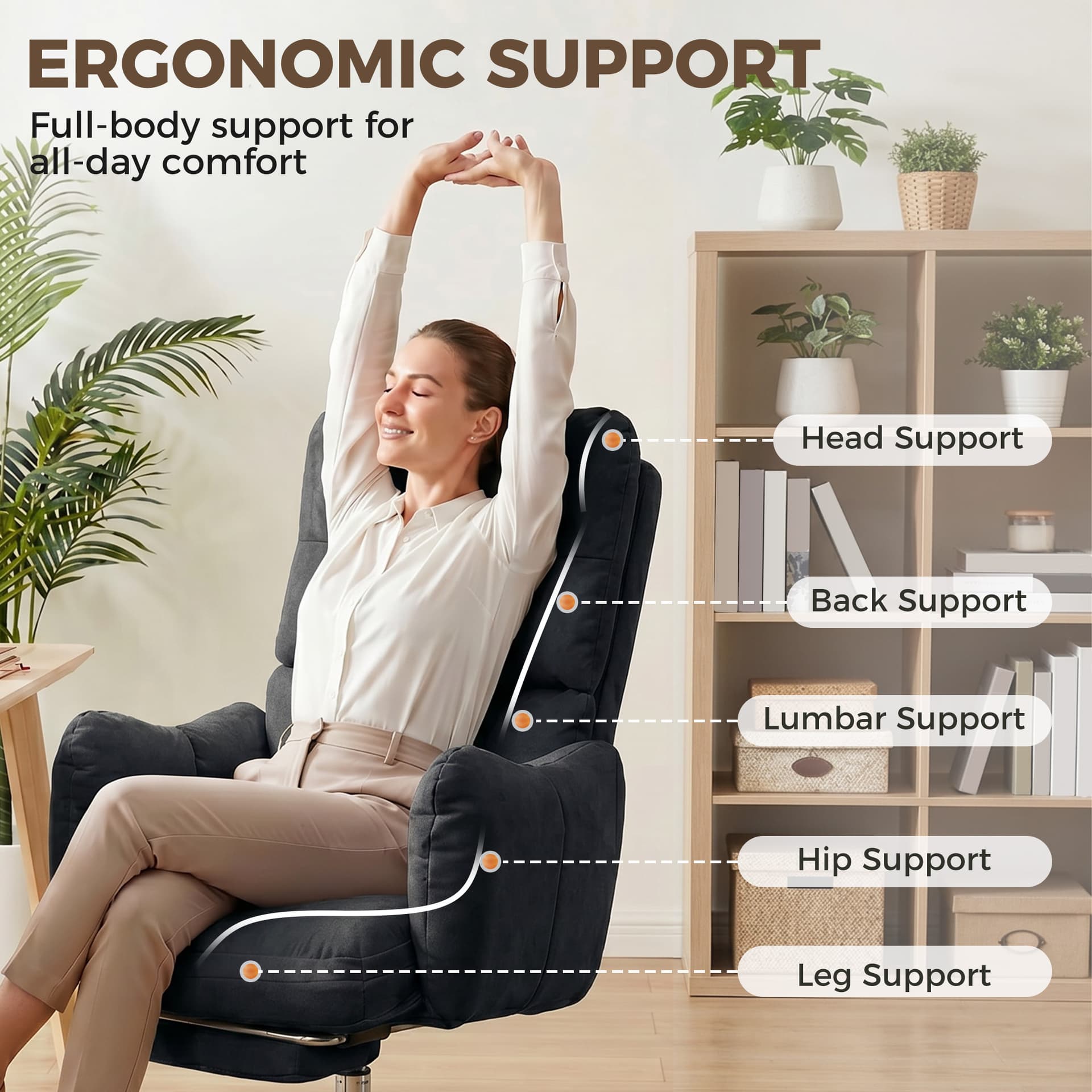 Office Chair with Foot Rest, Ergonomic Reclining Computer Gaming Chair w/ Snow Flannel Fabric, Thick Cushion, Black - Task Chairs - Office Furniture