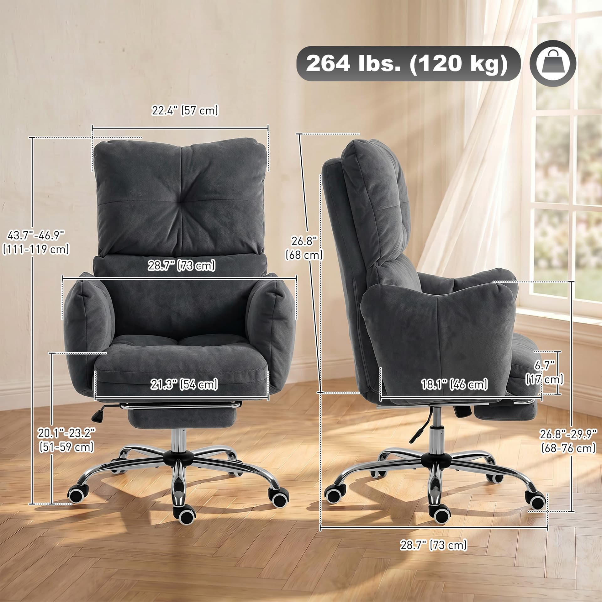 Office Chair with Foot Rest, Ergonomic Reclining Computer Gaming Chair w/ Snow Flannel Fabric, Thick Cushion, Dark Grey - Task Chairs - Office Furniture