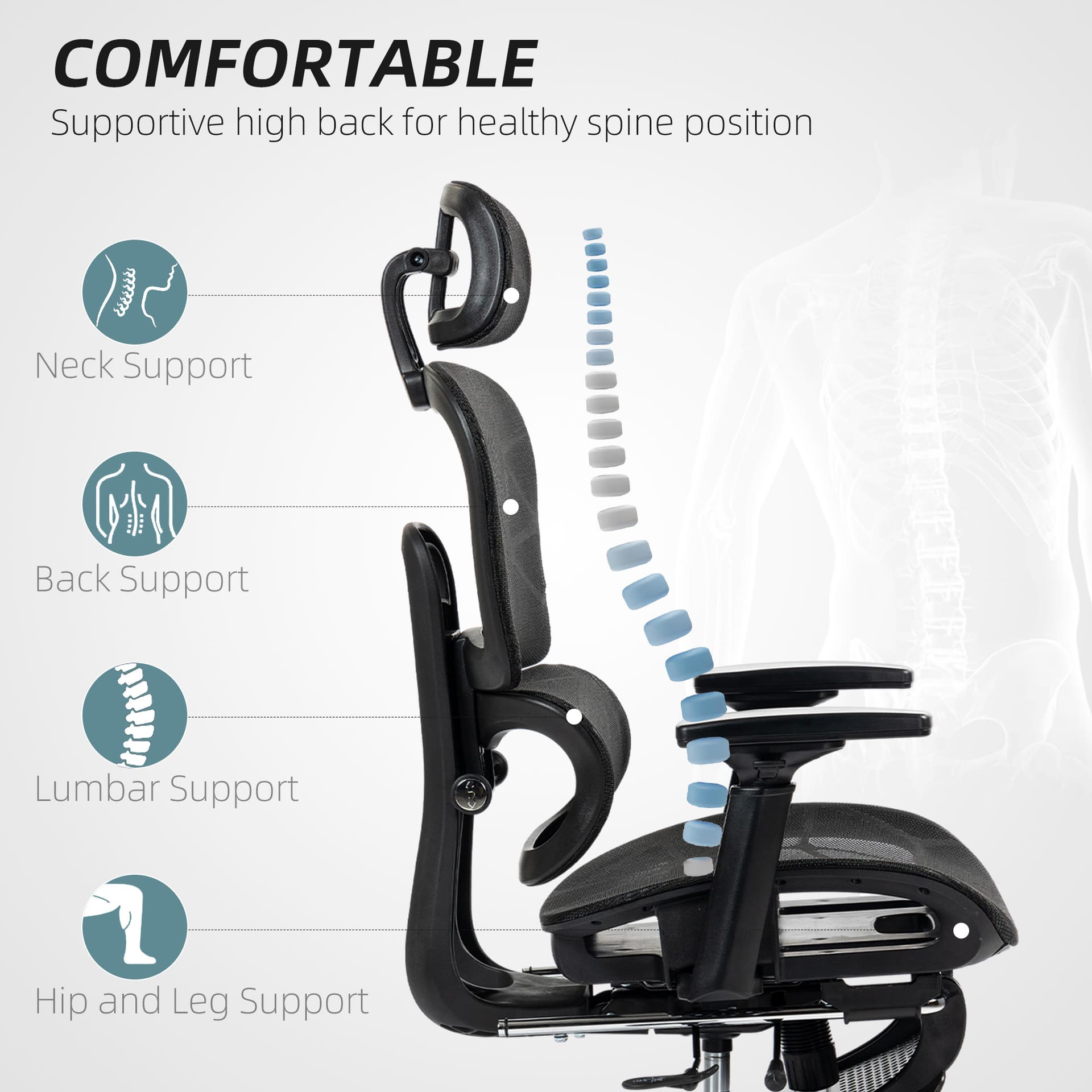 Mesh Office Chair with 3D Armrest, High Back Desk Chair with Lumbar Support, 135° Reclining, Adjustable Headrest, Black - Task Chairs - Office Furniture