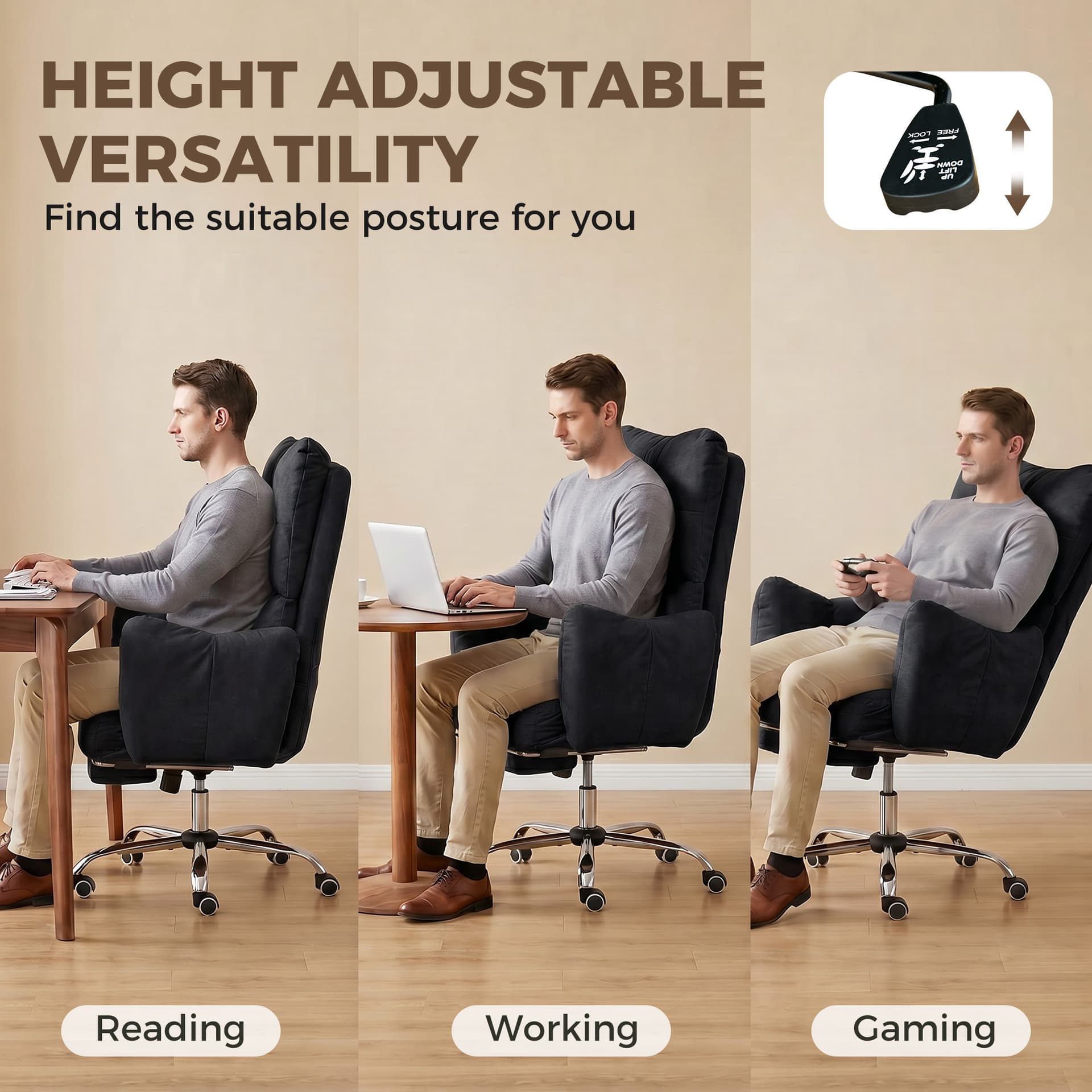 Office Chair with Foot Rest, Ergonomic Reclining Computer Gaming Chair w/ Snow Flannel Fabric, Thick Cushion, Black - Task Chairs - Office Furniture