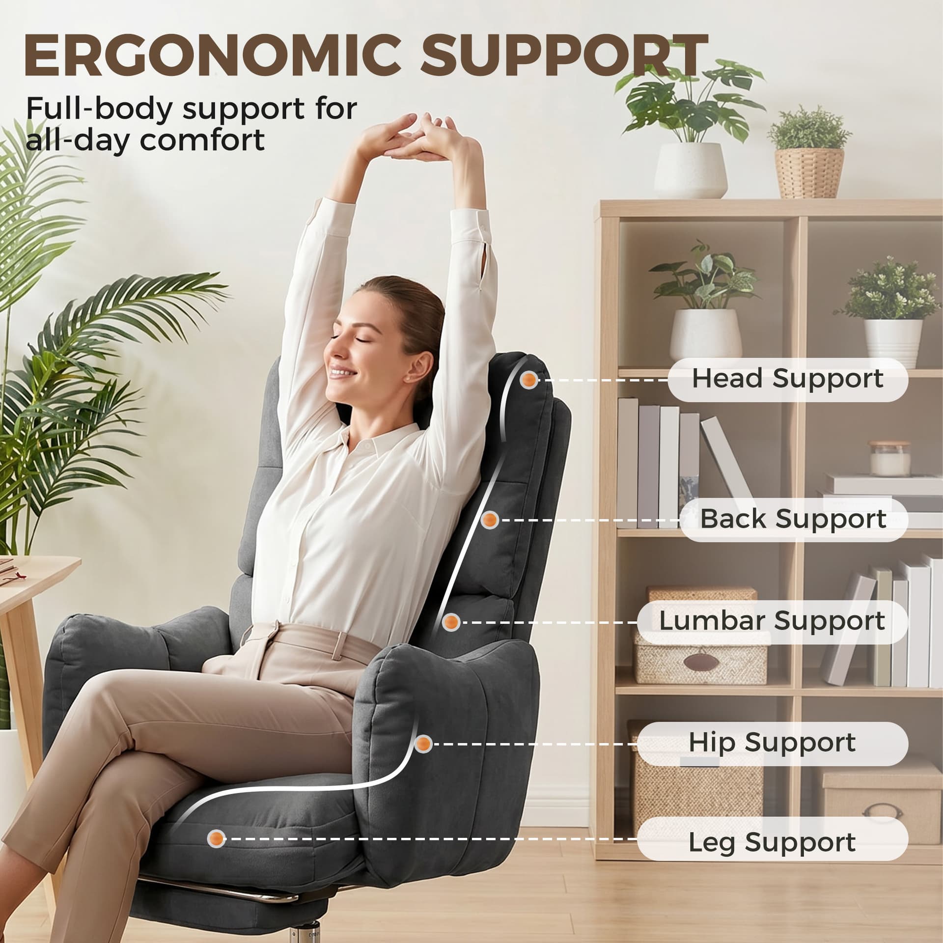 Office Chair with Foot Rest, Ergonomic Reclining Computer Gaming Chair w/ Snow Flannel Fabric, Thick Cushion, Dark Grey - Task Chairs - Office Furniture