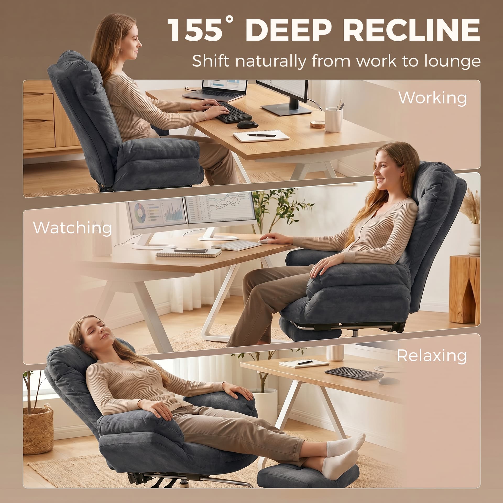 Criss Cross Chair with Wheels, Waterfall Armrests, Overstuffed Wide Office Chair with Footrest, Dark Grey - Task Chairs - Office Furniture