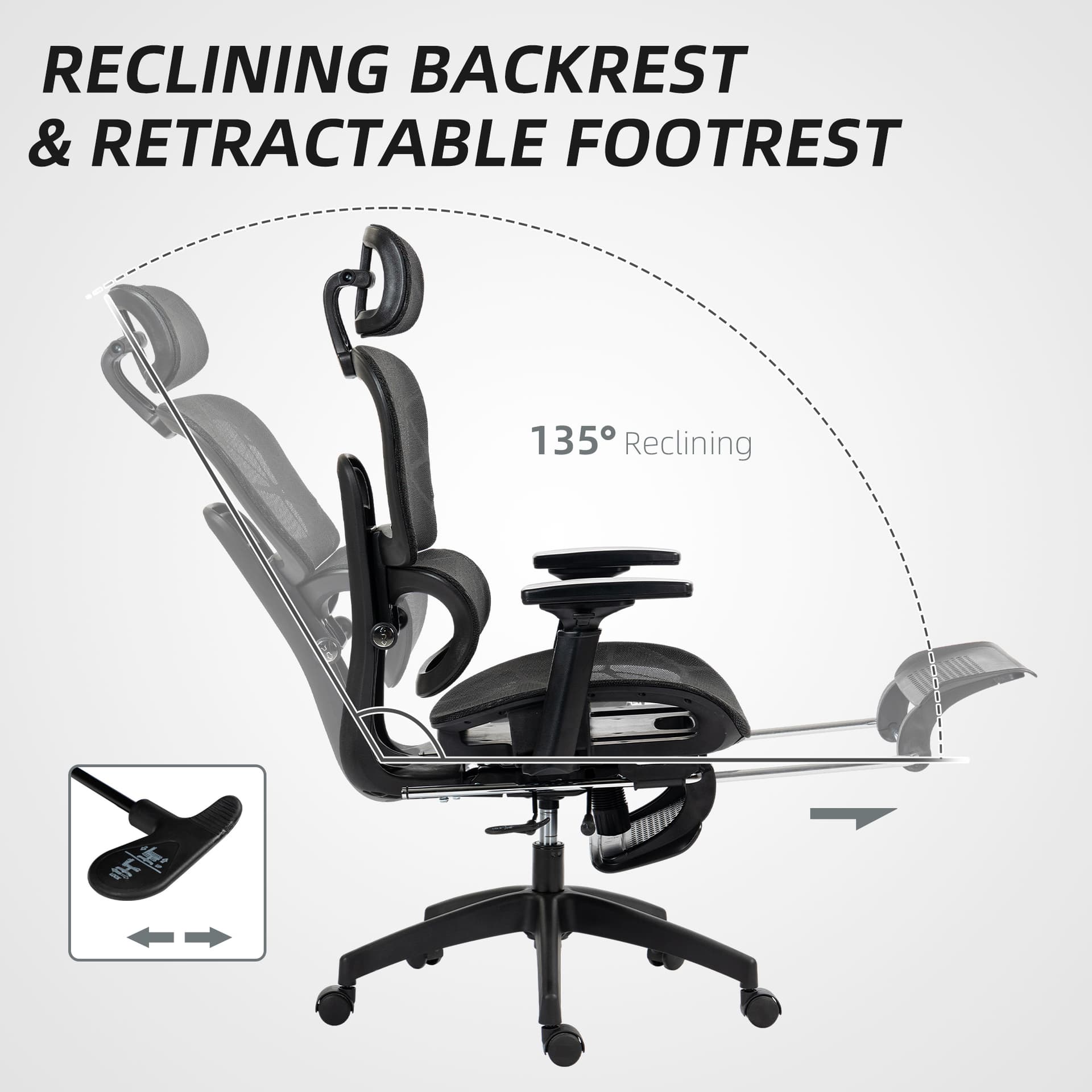 Mesh Office Chair with 3D Armrest, High Back Desk Chair with Lumbar Support, 135° Reclining, Adjustable Headrest, Black - Task Chairs - Office Furniture