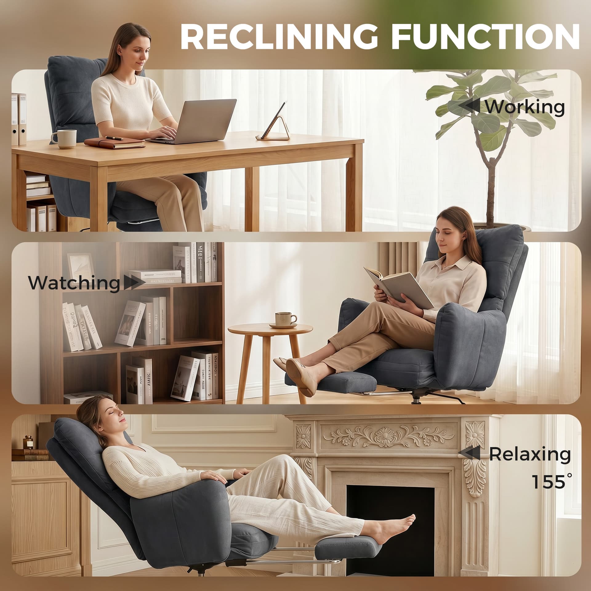 Office Chair with Foot Rest, Ergonomic Reclining Computer Gaming Chair w/ Snow Flannel Fabric, Thick Cushion, Dark Grey - Task Chairs - Office Furniture