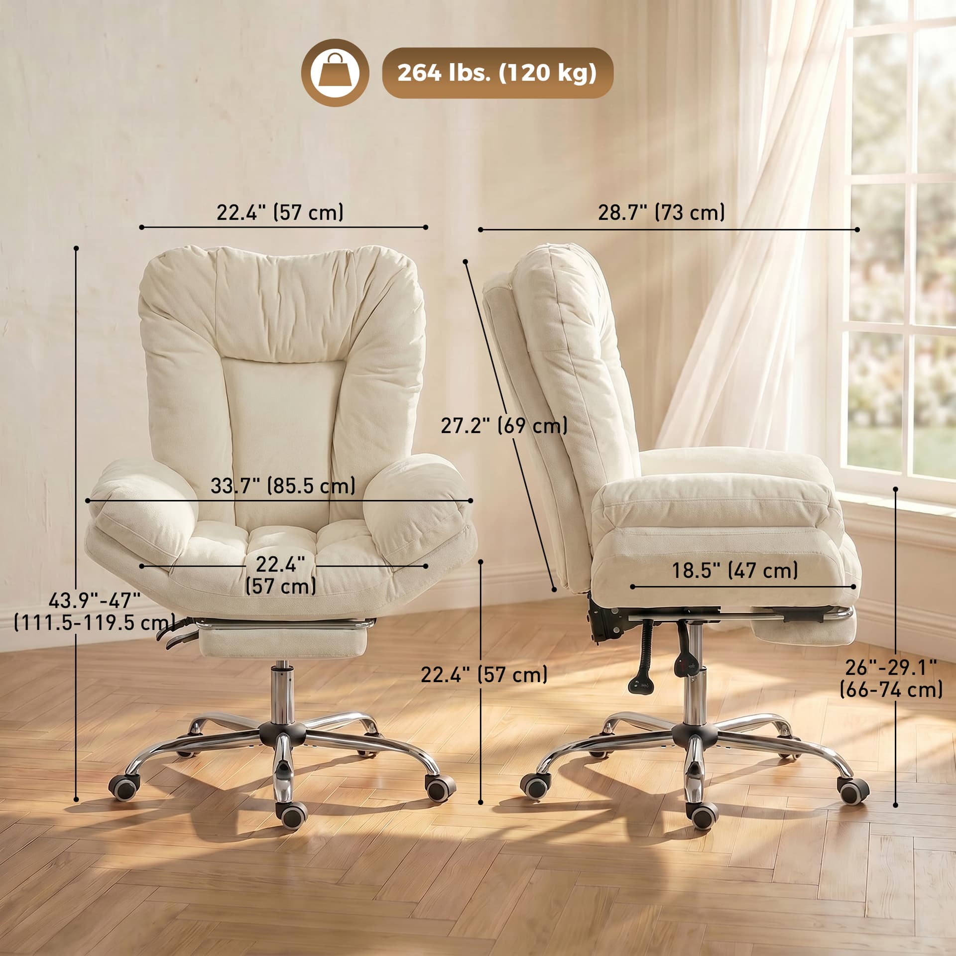 Criss Cross Chair with Wheels, Waterfall Armrests, Overstuffed Wide Office Chair with Footrest, Beige - Task Chairs - Office Furniture