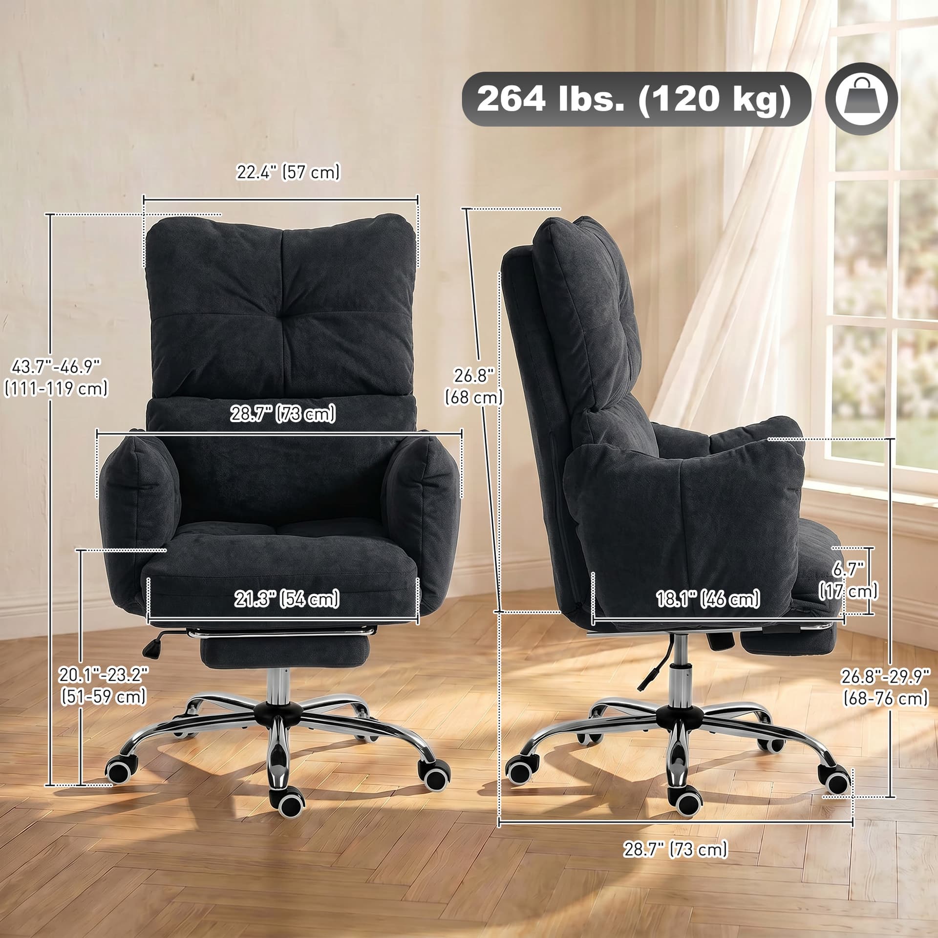 Office Chair with Foot Rest, Ergonomic Reclining Computer Gaming Chair w/ Snow Flannel Fabric, Thick Cushion, Black - Task Chairs - Office Furniture