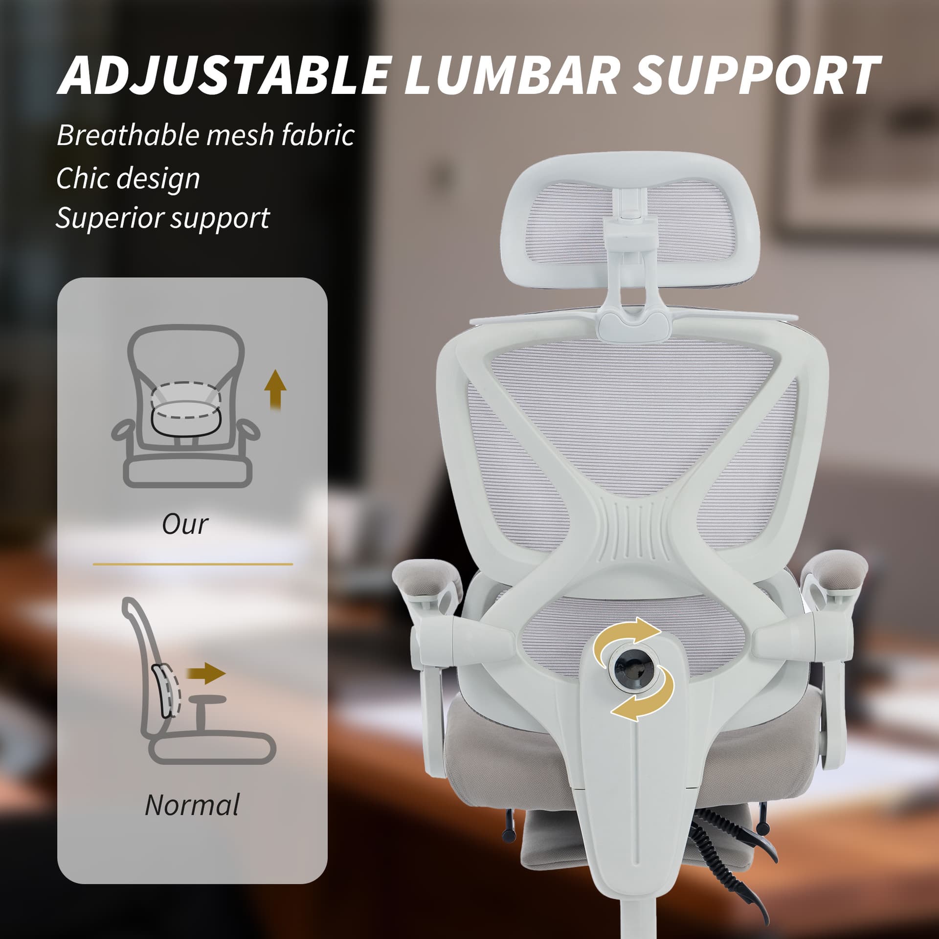 Mesh Desk Chair with Adjustable Headrest, Reclining Ergonomic Office Chair with Footrest, Light Grey - Task Chairs - Office Furniture