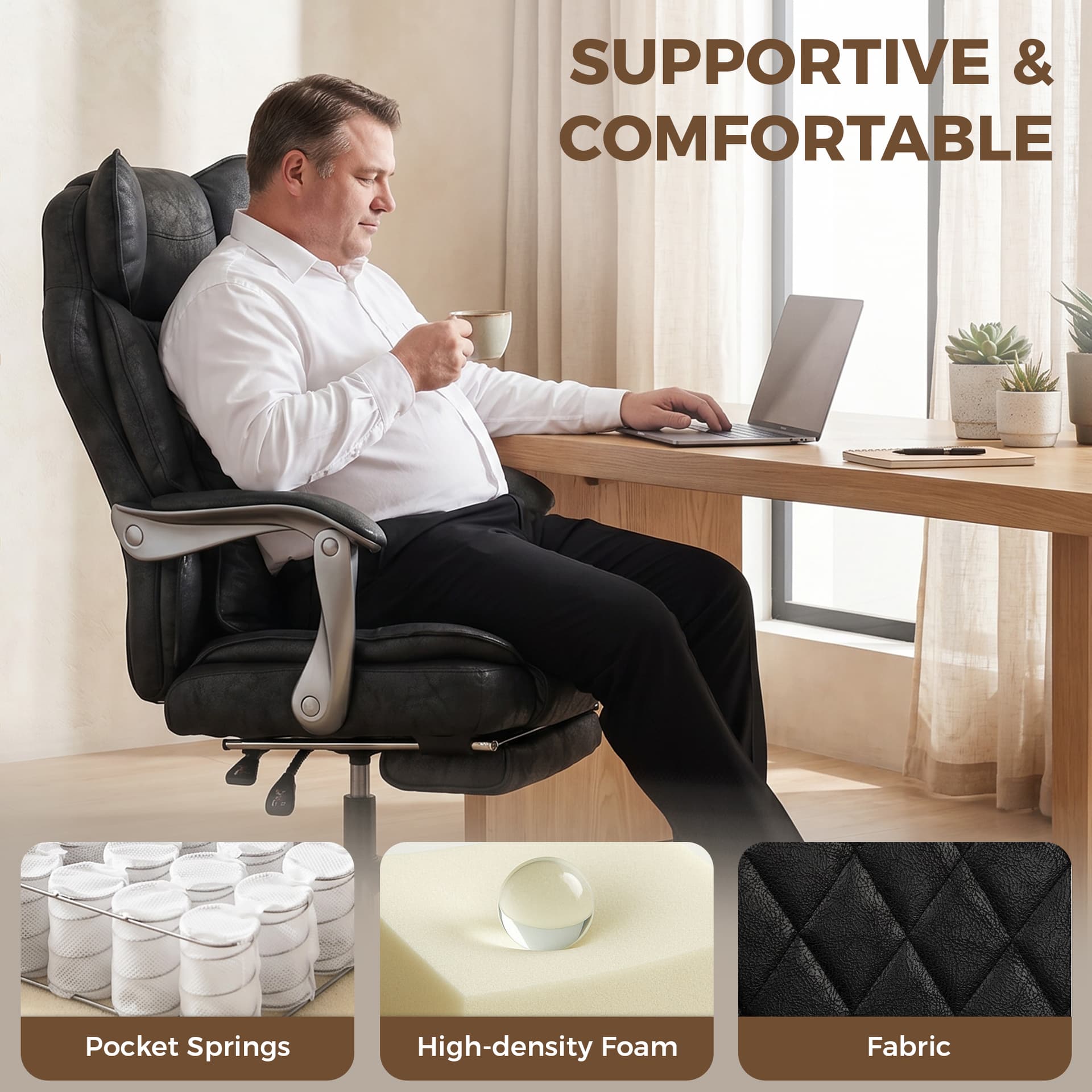 Executive Office Chair, Leathaire Big and Tall Office Chair 400 lbs with Wide Seat, Reclining, Lumbar Support, Black - Executive & Manager Chairs - Office Furniture