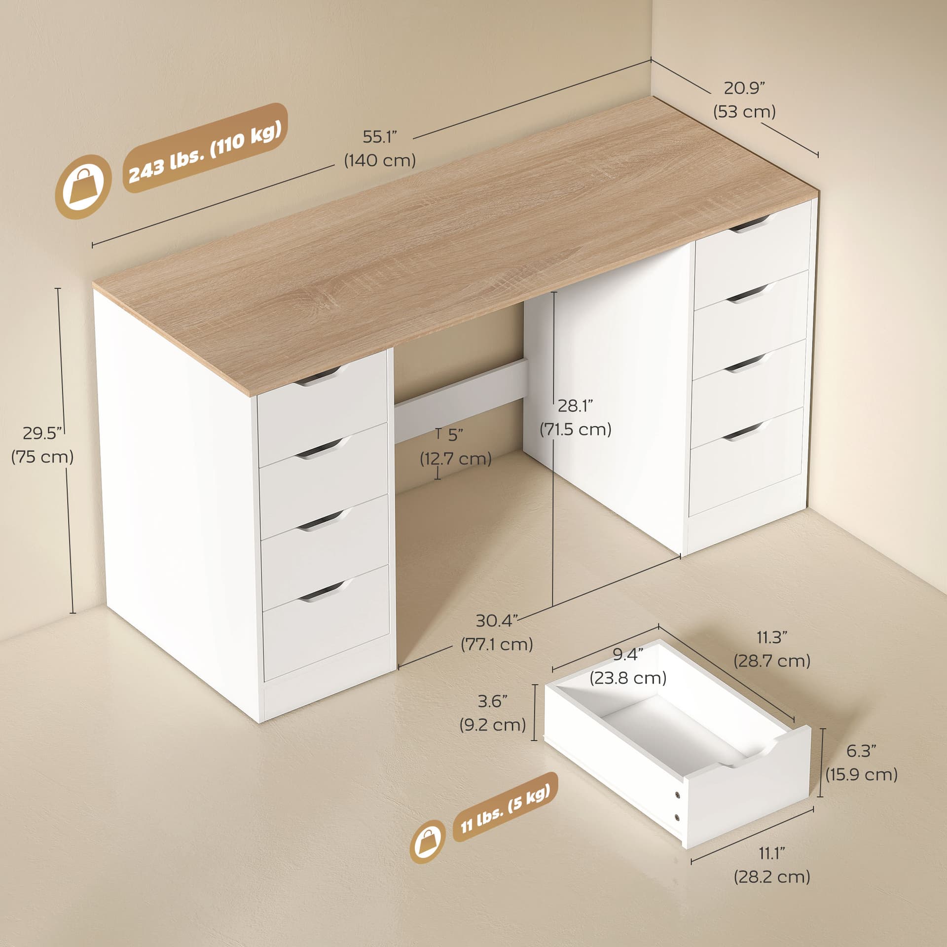 Desk with 8 Drawers, 55.1"W × 20.9"D × 29.5"H Modern Computer Desk for Office, Living Room, White - Computer Desks - Office Furniture