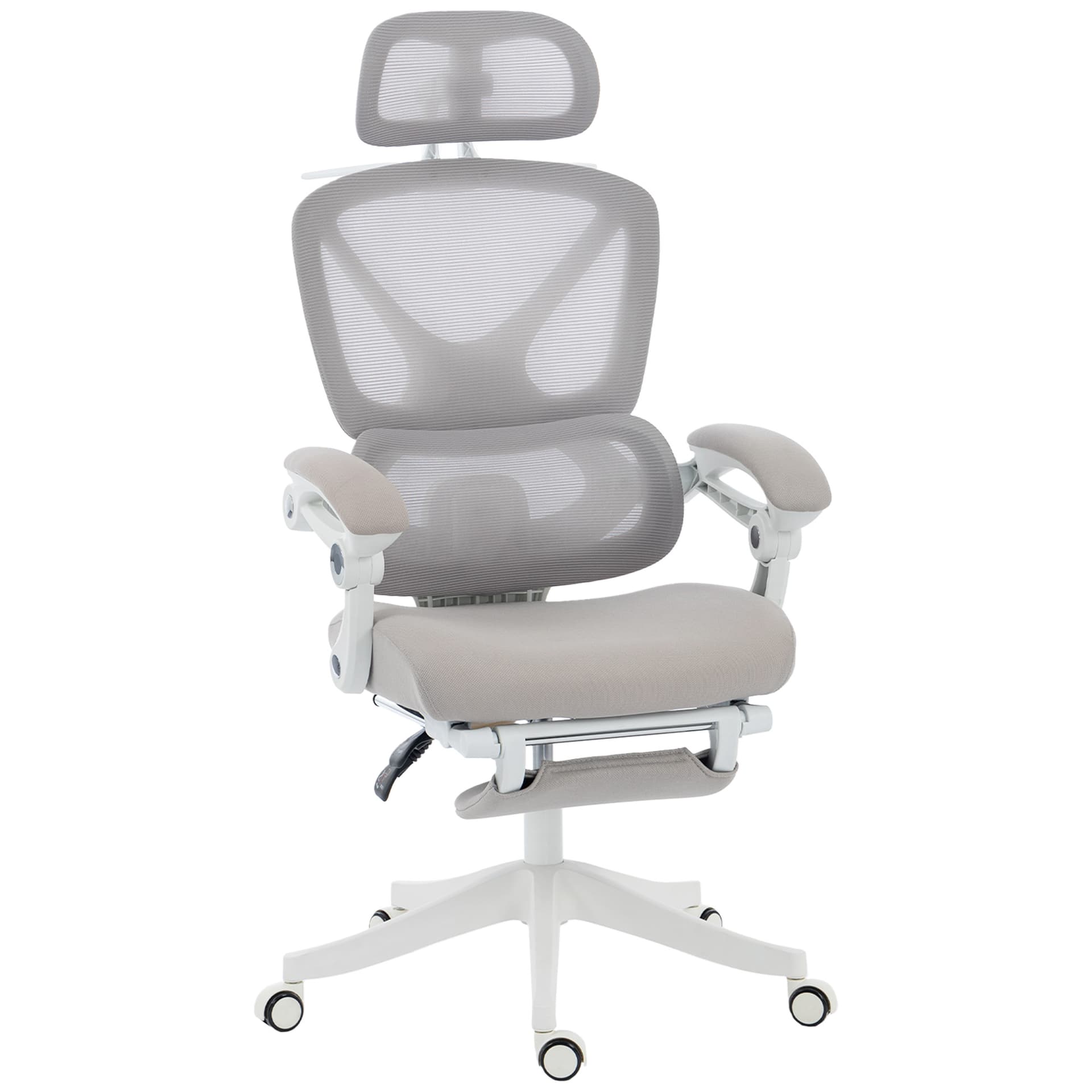 Mesh Desk Chair with Adjustable Headrest, Reclining Ergonomic Office Chair with Footrest, Light Grey - Task Chairs - Office Furniture