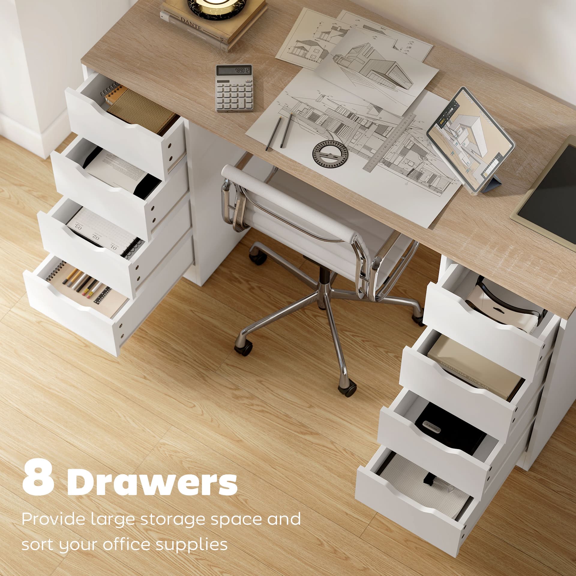 Desk with 8 Drawers, 55.1"W × 20.9"D × 29.5"H Modern Computer Desk for Office, Living Room, White - Computer Desks - Office Furniture