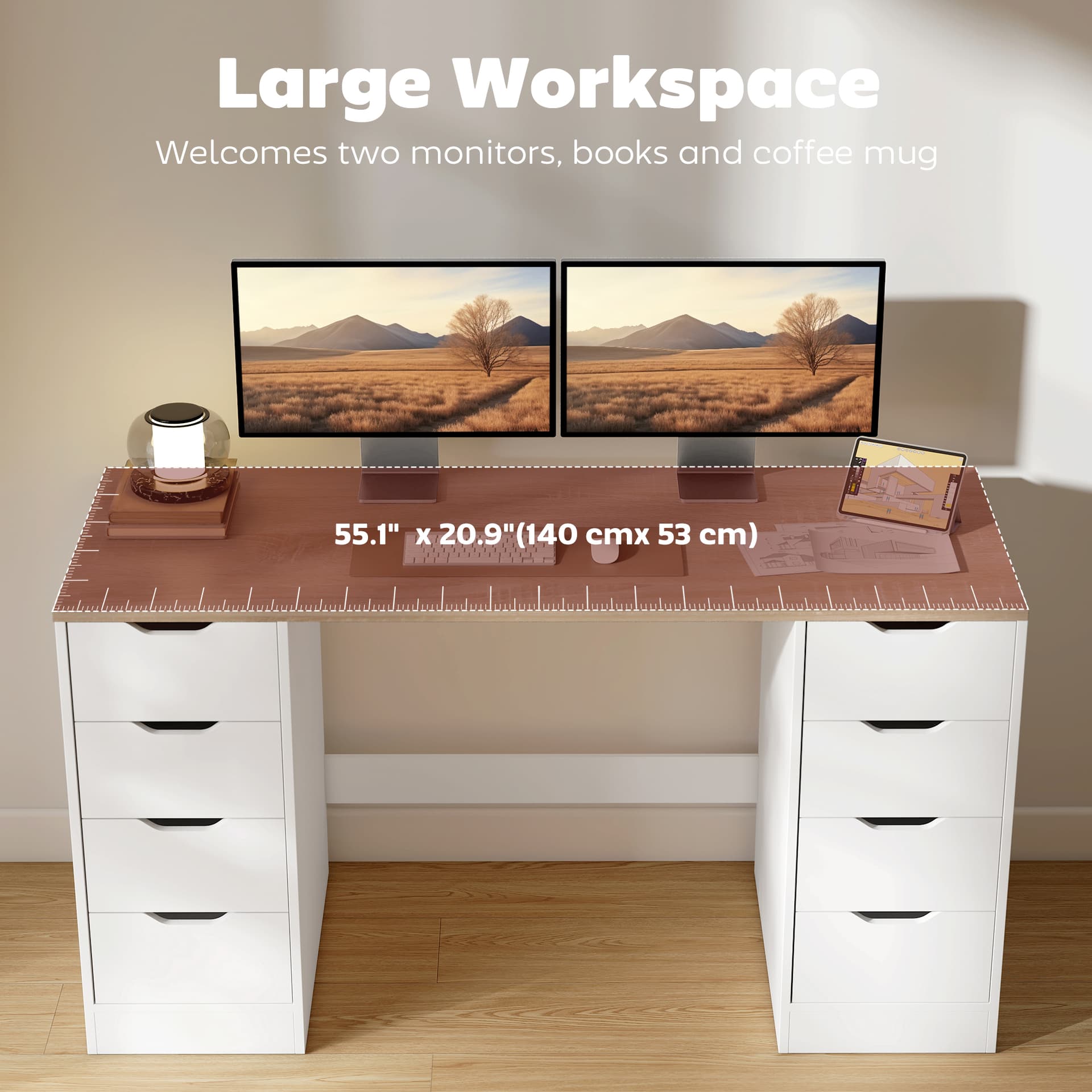 Desk with 8 Drawers, 55.1"W × 20.9"D × 29.5"H Modern Computer Desk for Office, Living Room, White - Computer Desks - Office Furniture