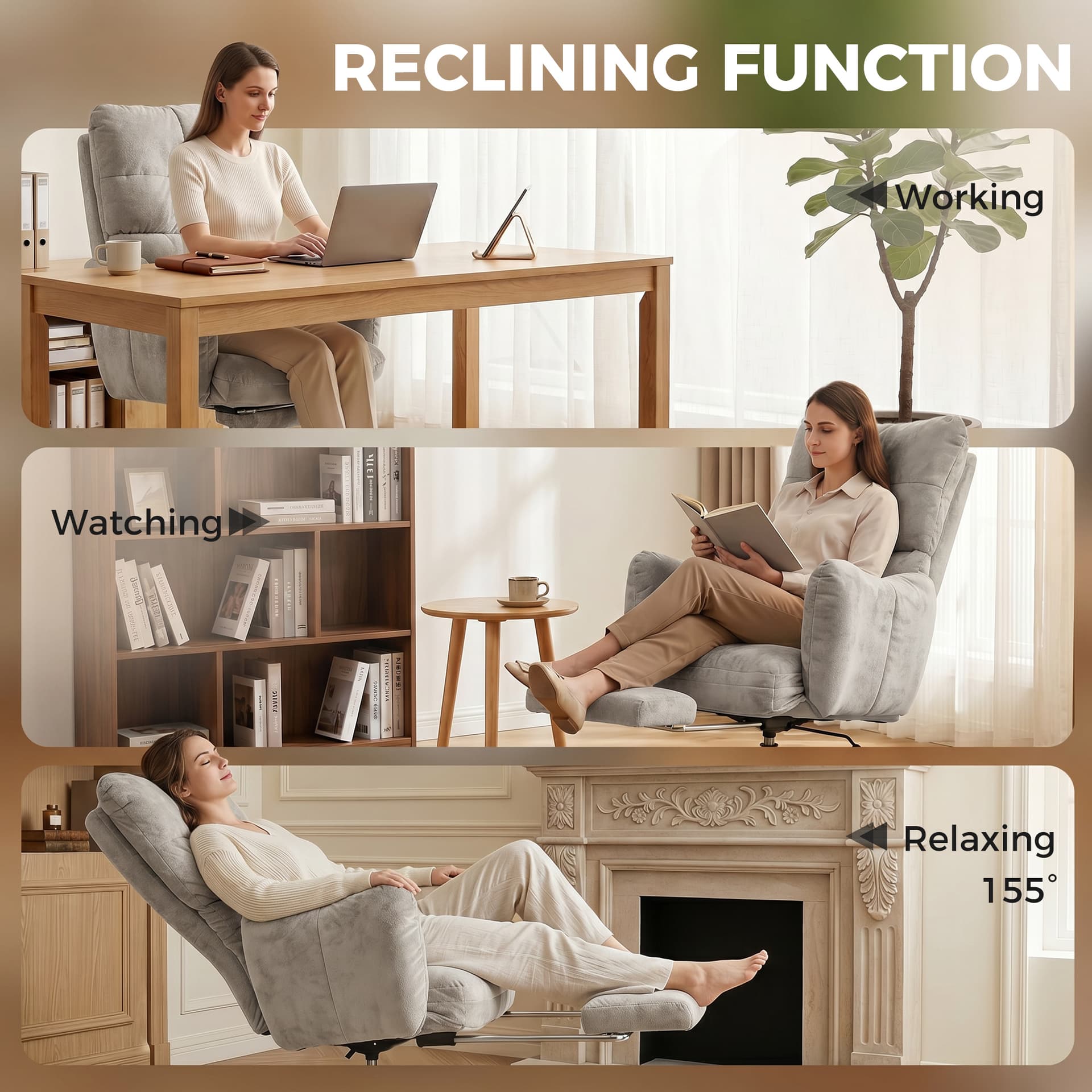 Office Chair with Foot Rest, Ergonomic Reclining Computer Gaming Chair w/ Snow Flannel Fabric, Thick Cushion, Light Grey - Office Chairs - Office Furniture