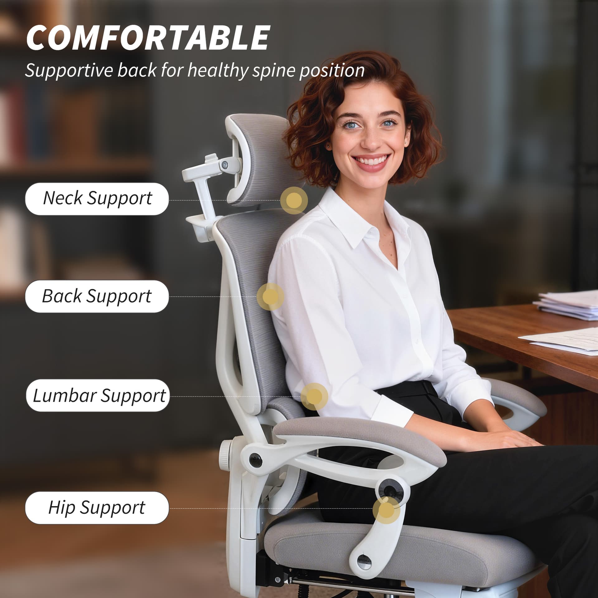 Mesh Desk Chair with Adjustable Headrest, Reclining Ergonomic Office Chair with Footrest, Light Grey - Task Chairs - Office Furniture